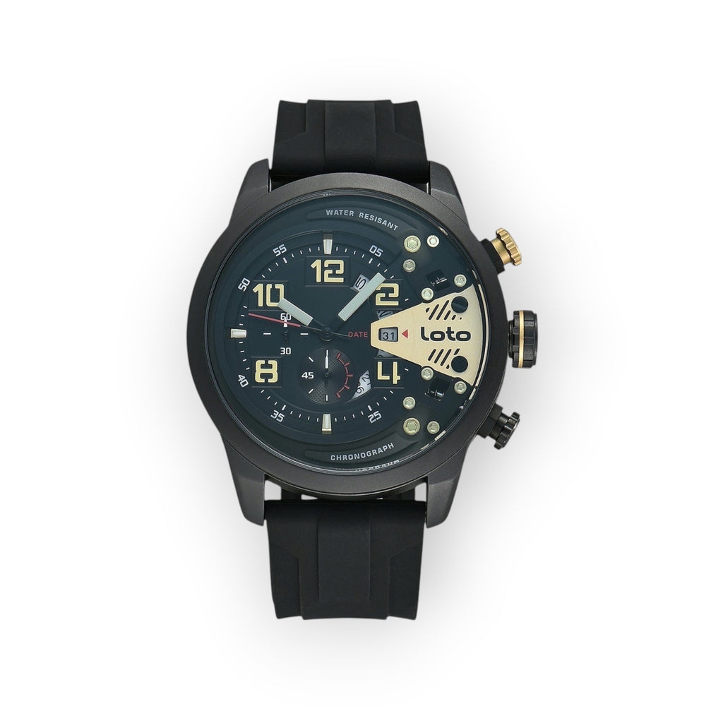 Reloj LOTO COMPANY de hombre con correa de silicona negra, caja de acero inoxidable dorada y esfera azul oscuro con cronógrafo y fecha.