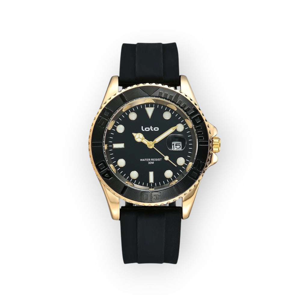 Reloj LOTO COMPANY EXPLORE / 2528-1 dorado y negro con correa de silicona y bisel giratorio.