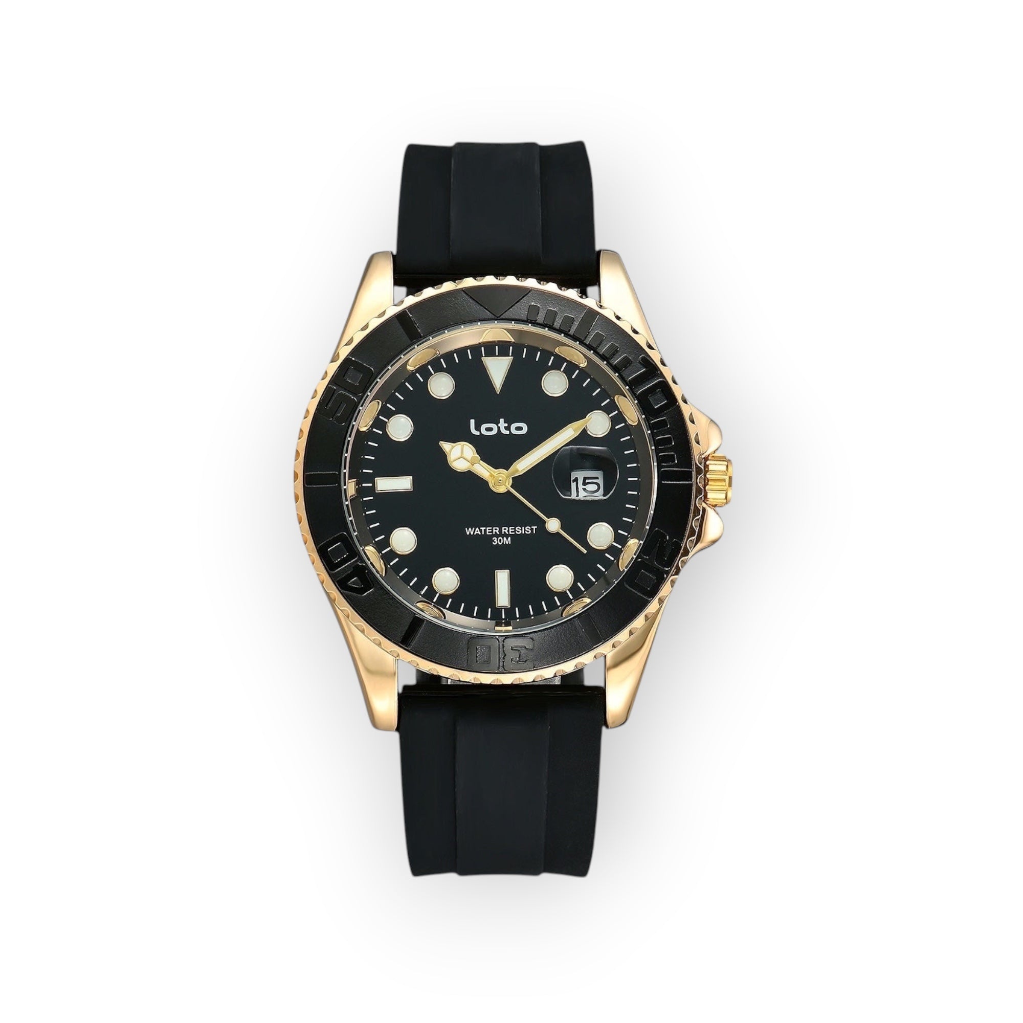 Reloj LOTO COMPANY EXPLORE / 2528-1 dorado y negro con correa de silicona y bisel giratorio.