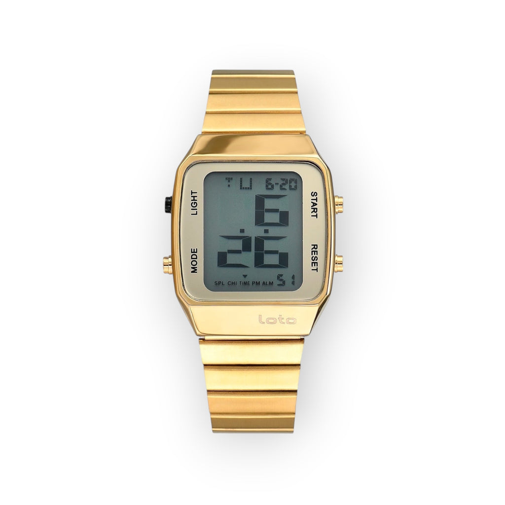 Reloj digital LOTO COMPANY POLARIS / 2541 dorado con caja cuadrada y correa de eslabones, pantalla LCD.