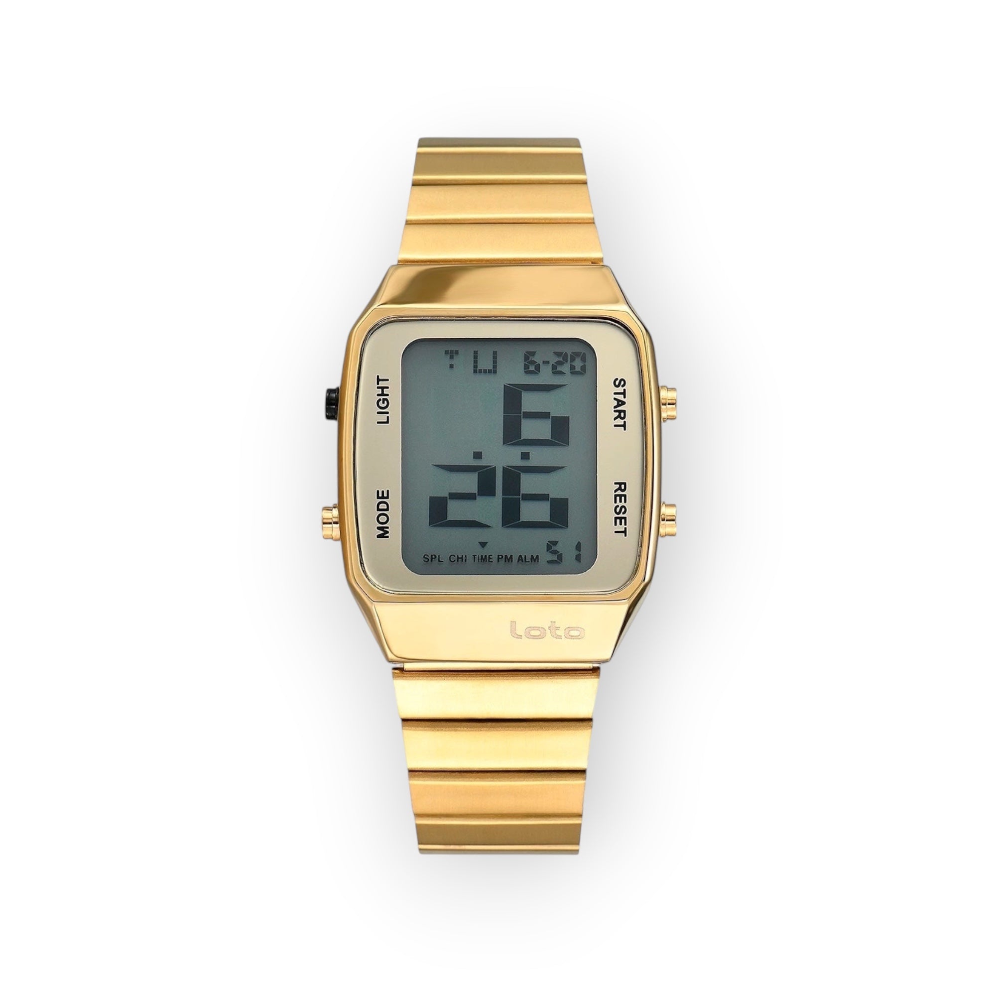 Reloj digital LOTO COMPANY POLARIS / 2541 dorado con caja cuadrada y correa de eslabones, pantalla LCD.