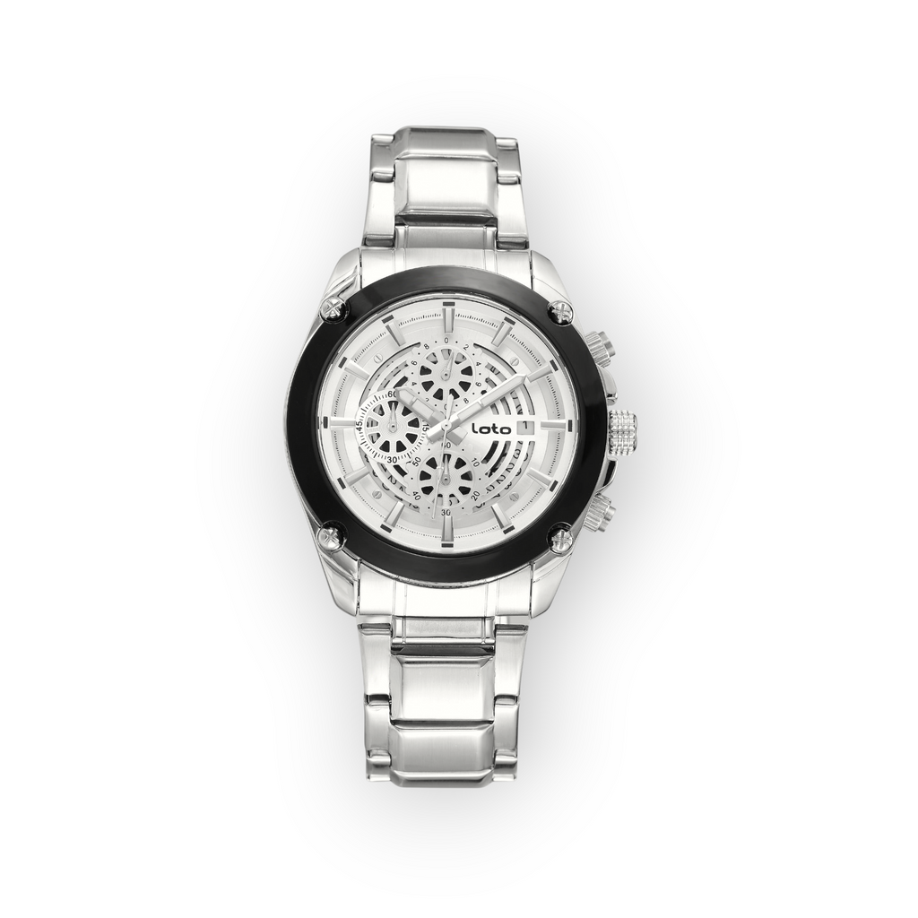 Reloj LOTO COMPANY Dovran 2586 de acero inoxidable plateado con esfera detallada y bisel negro