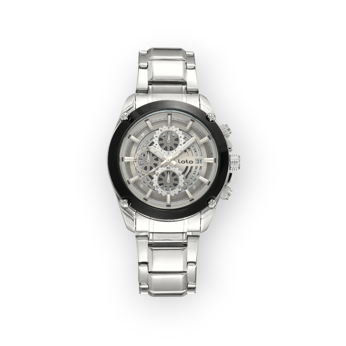 Reloj LOTO COMPANY Dovran 2586 de acero inoxidable plateado con esfera multifunción y bisel negro