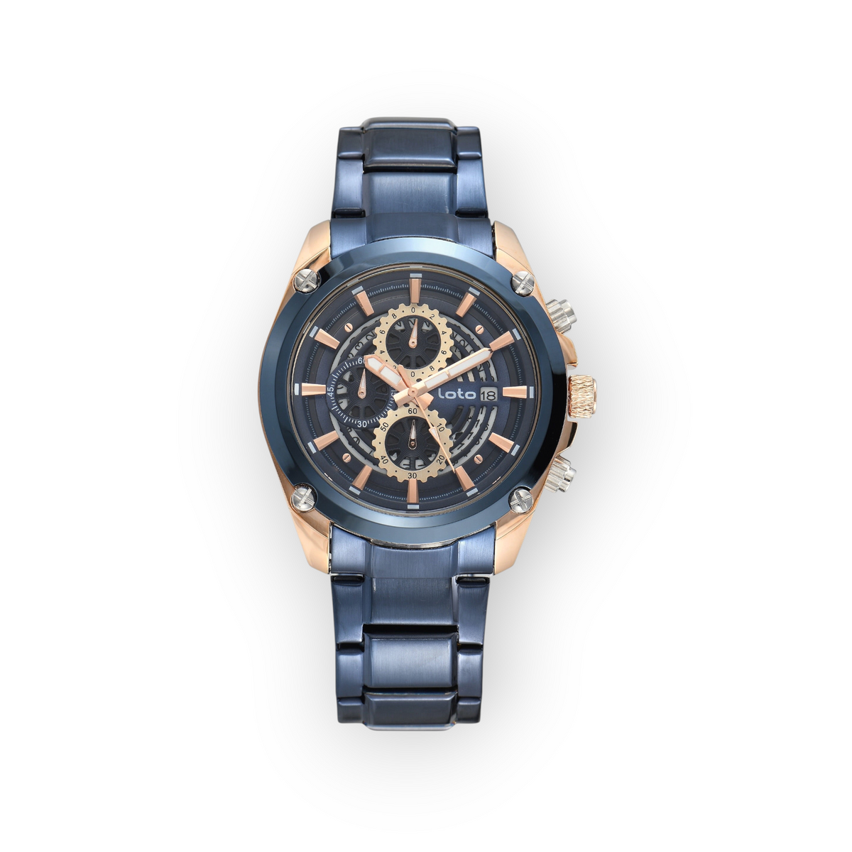 Reloj cronógrafo LOTO COMPANY Dovran 2586 con correa de acero azul y detalles en tono oro rosa