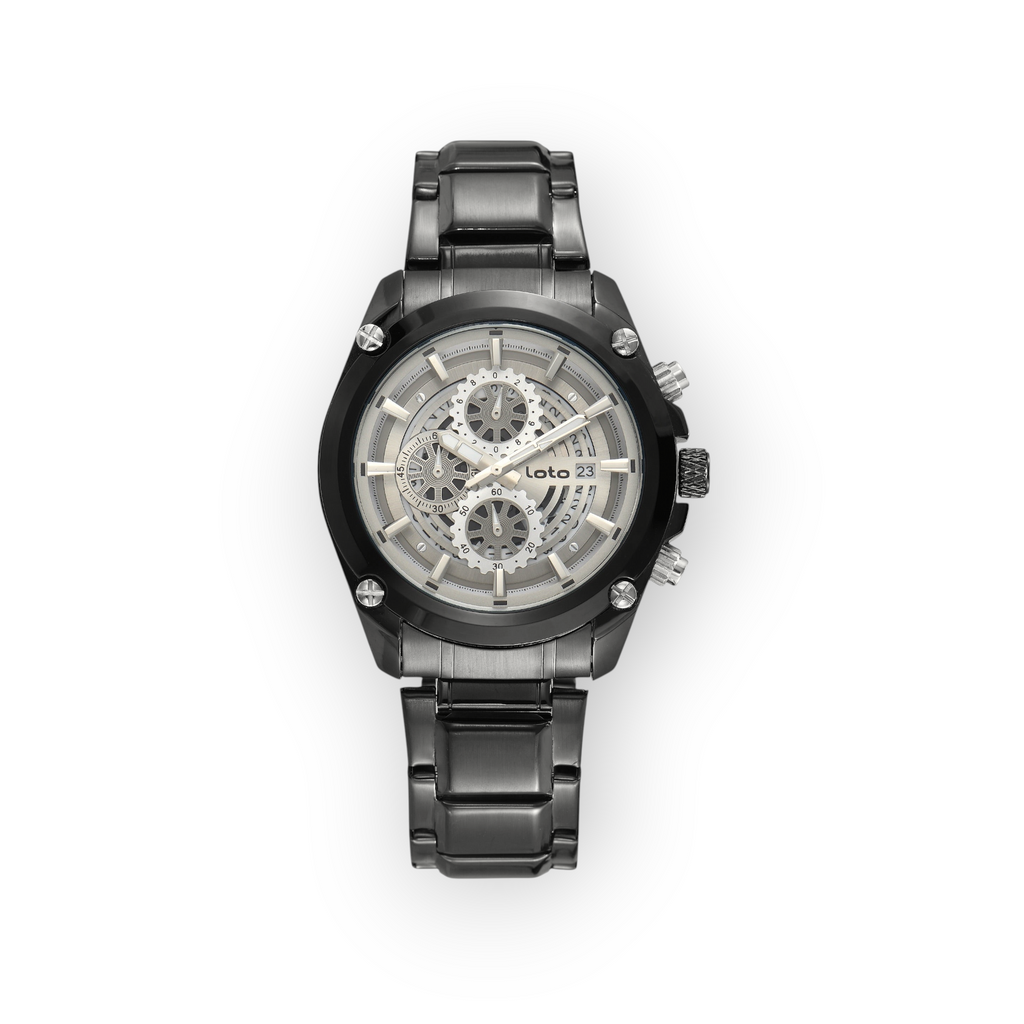Reloj LOTO COMPANY Dovran 2586 con correa de acero inoxidable negro y esfera plateada multifunción
