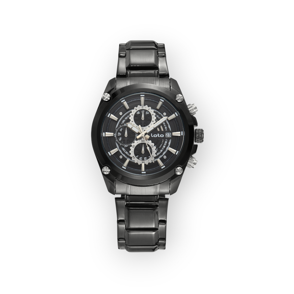 Reloj de pulsera LOTO COMPANY Dovran 2586 con correa y caja de acero inoxidable en color negro y esfera cronógrafo.