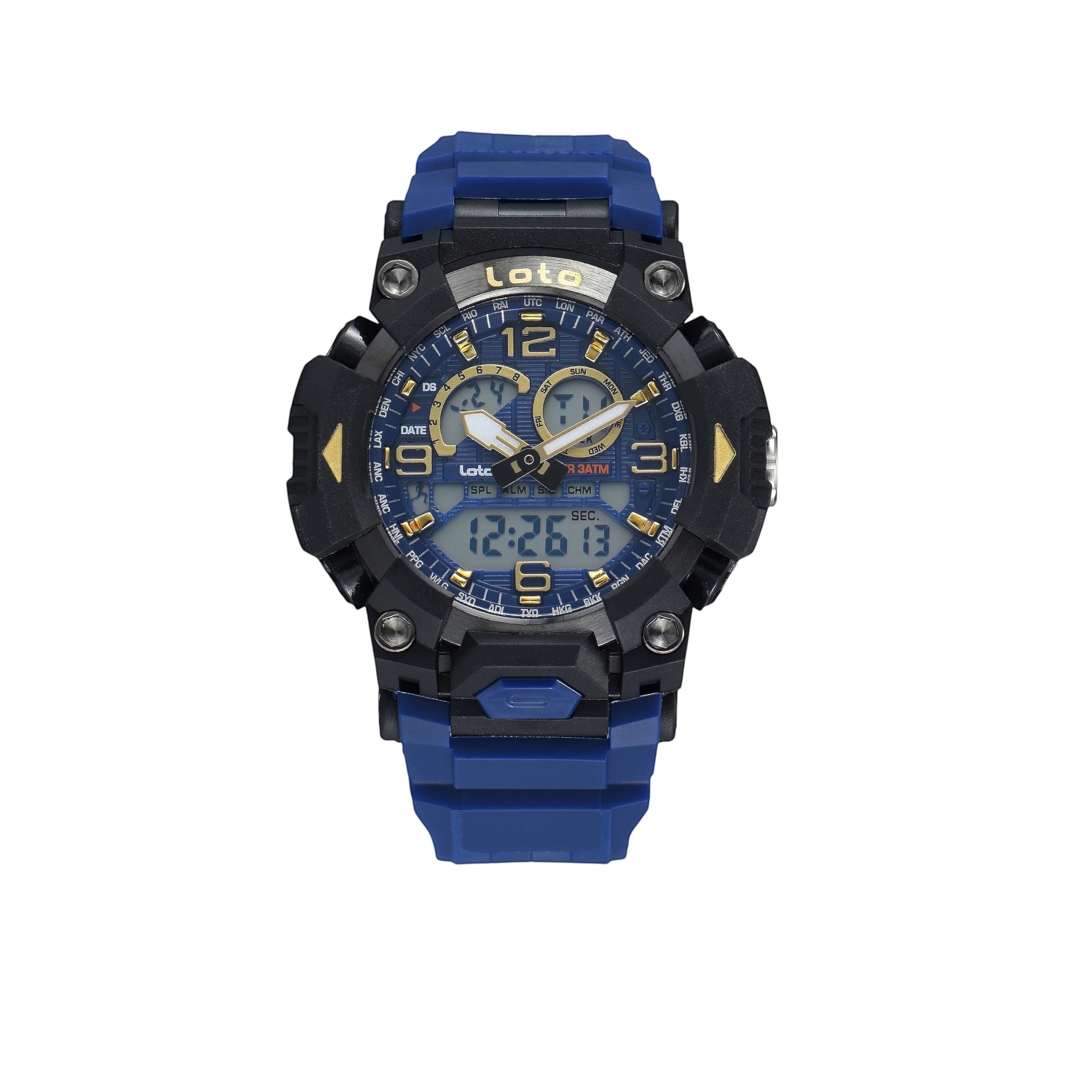 Reloj deportivo LOTO COMPANY DRAKON 2574 azul y negro con pantalla analógico-digital y correa de resina resistente.