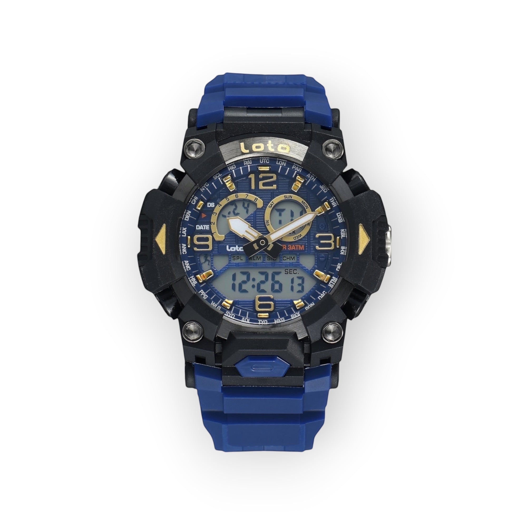 Reloj deportivo LOTO COMPANY DRAKON 2574 azul y negro con pantalla analógico-digital y correa de resina resistente.
