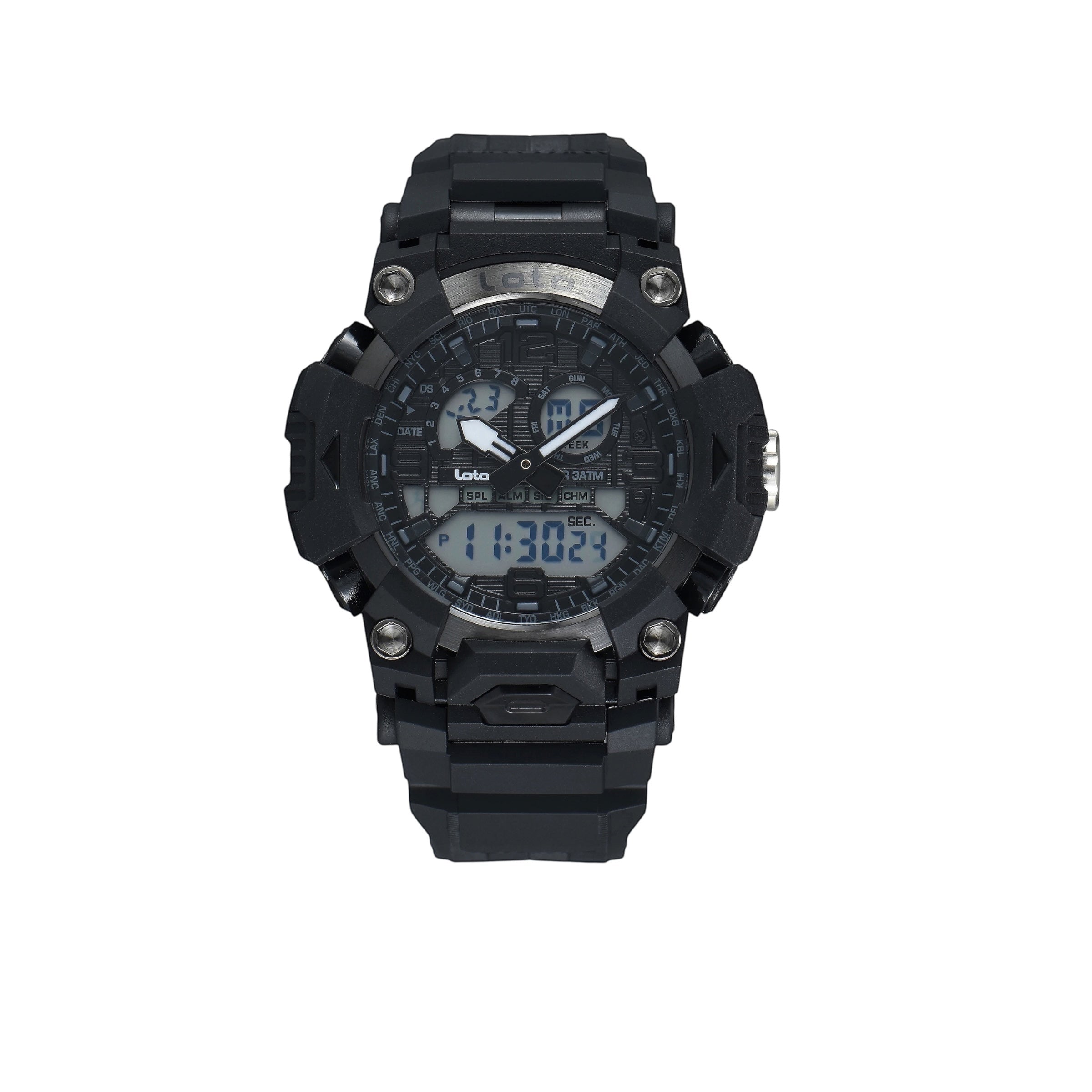 Reloj deportivo LOTO COMPANY DRAKON 2574 negro, diseño táctico con pantalla híbrida analógica-digital y correa resina.