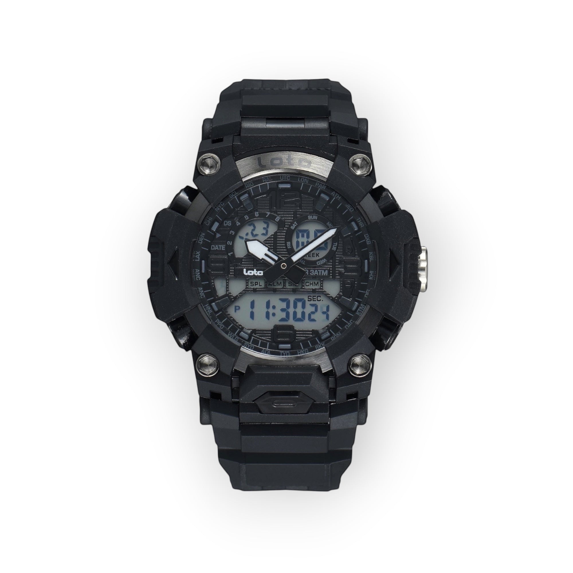 Reloj deportivo LOTO COMPANY DRAKON 2574 negro, diseño táctico con pantalla híbrida analógica-digital y correa resina.