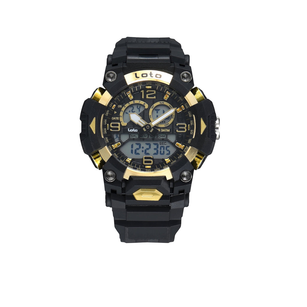 Reloj deportivo LOTO COMPANY DRAKON 2574 negro y dorado con pantalla híbrida analógica-digital y correa de resina.