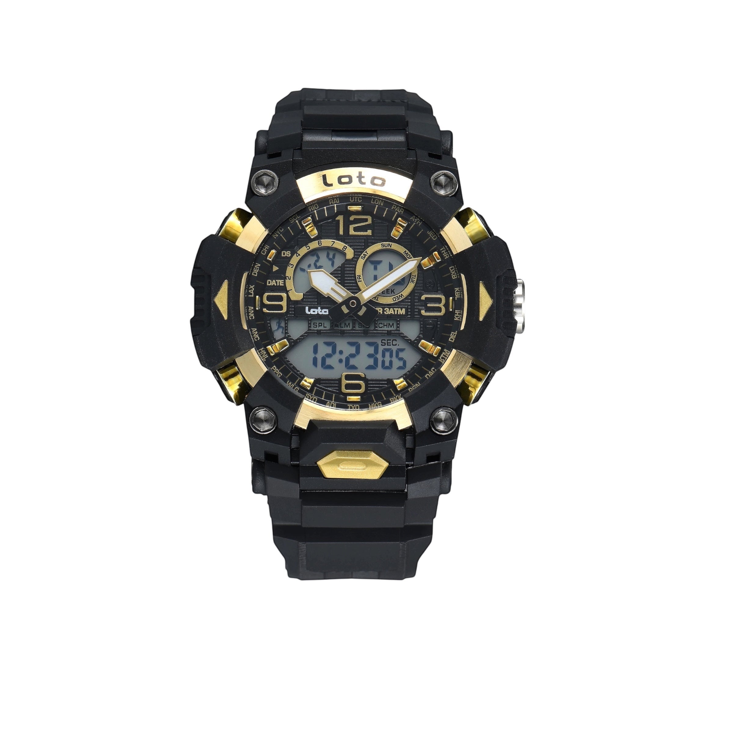 Reloj deportivo LOTO COMPANY DRAKON 2574 negro y dorado con pantalla híbrida analógica-digital y correa de resina.