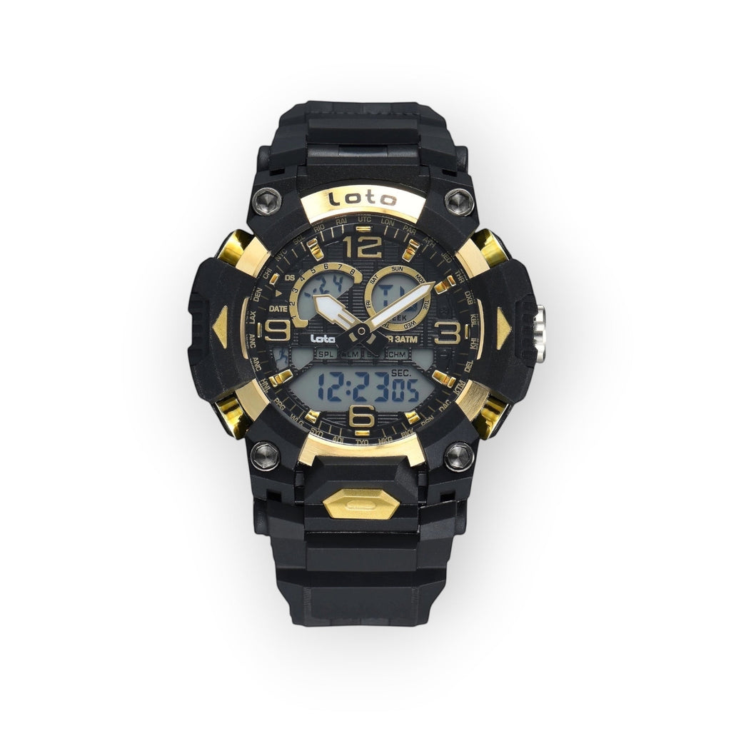 Reloj deportivo LOTO COMPANY DRAKON 2574 negro y dorado con pantalla híbrida analógica-digital y correa de resina.