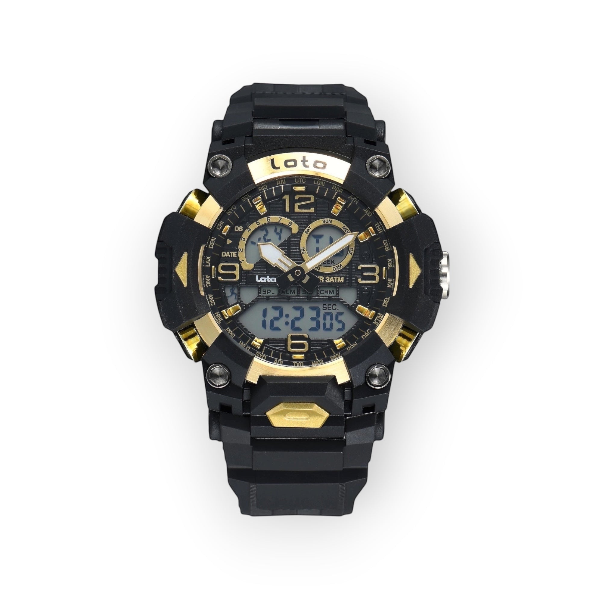 Reloj deportivo LOTO COMPANY DRAKON 2574 negro y dorado con pantalla híbrida analógica-digital y correa de resina.
