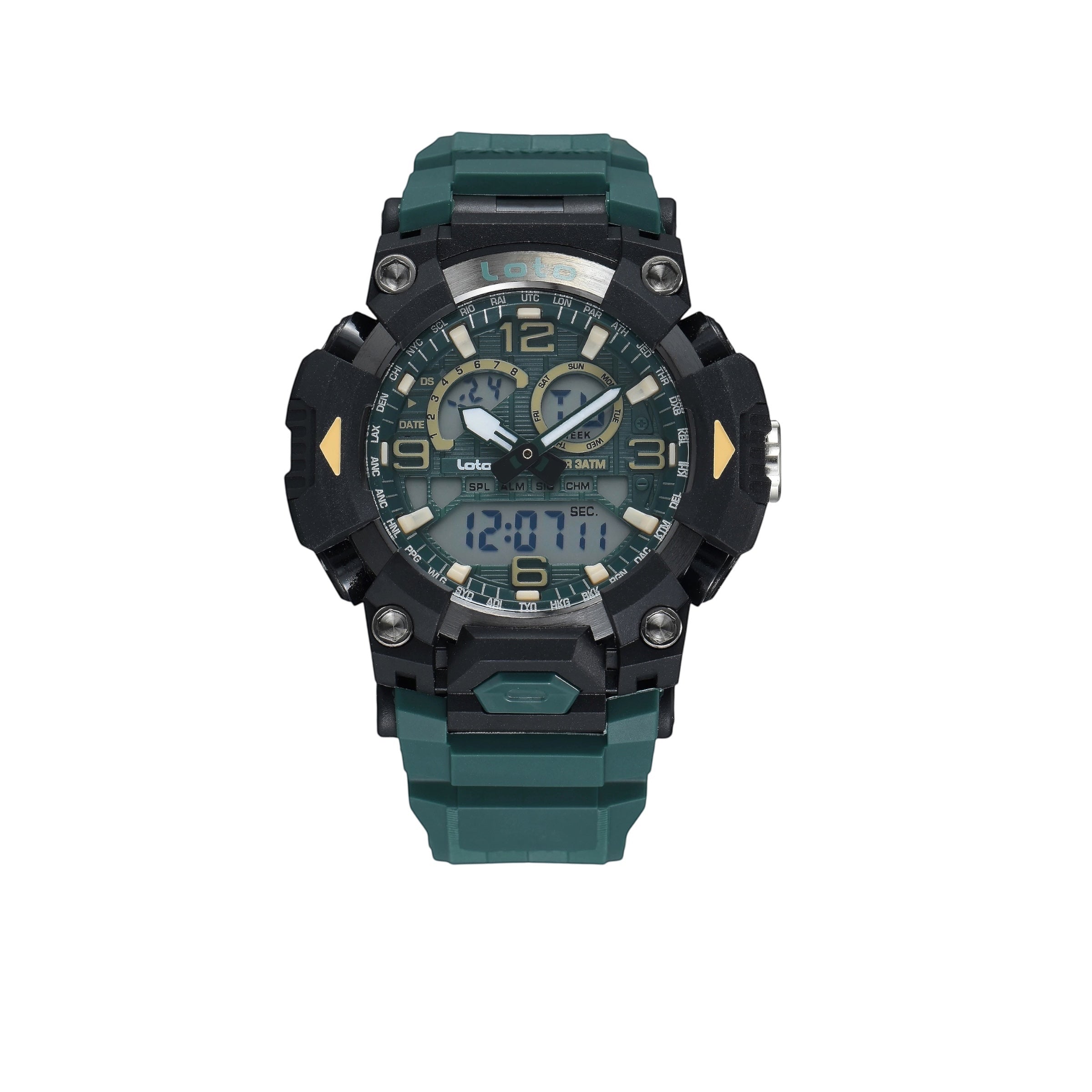 Reloj deportivo LOTO COMPANY DRAKON 2574 verde y negro, diseño táctico con pantalla híbrida y correa de resina.