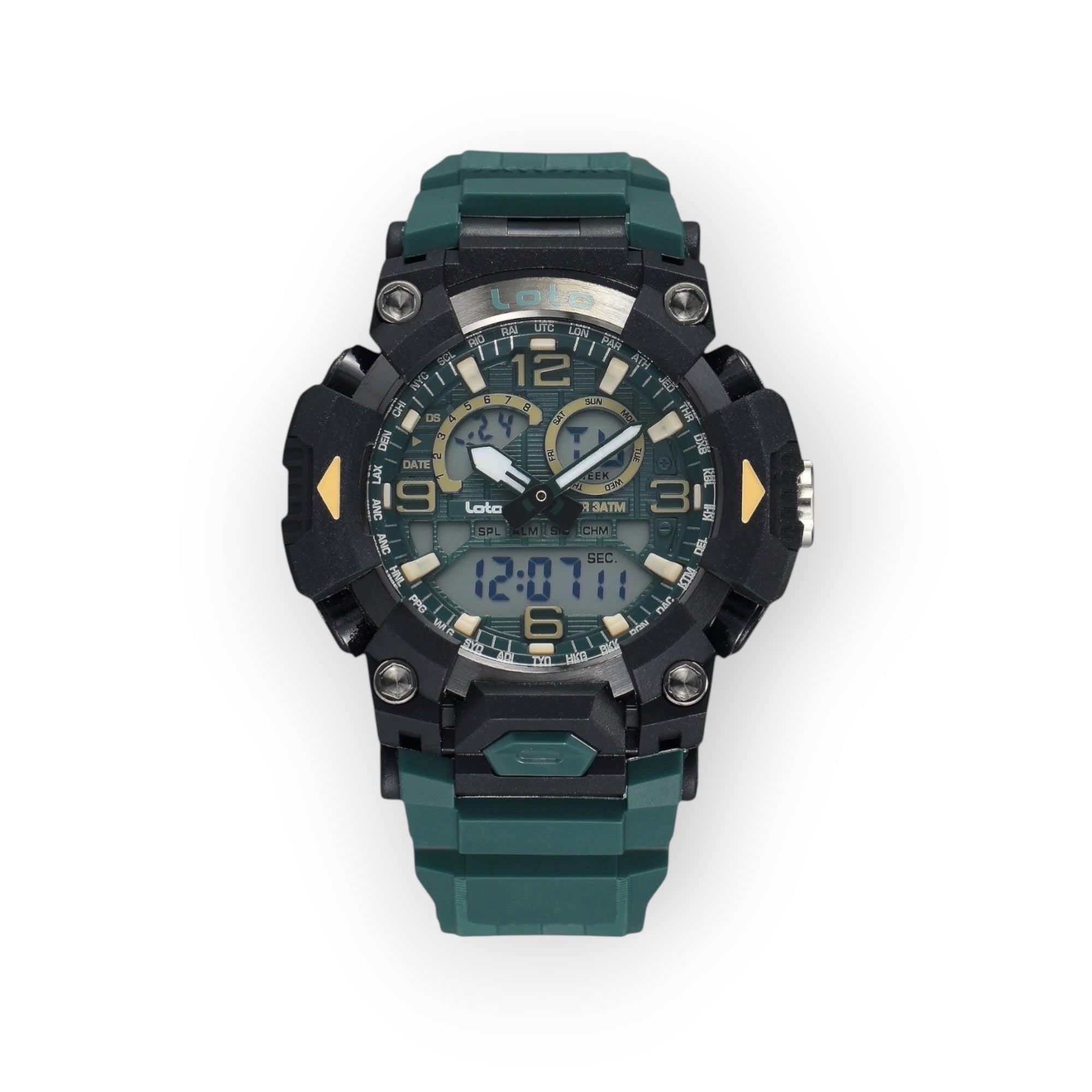 Reloj deportivo LOTO COMPANY DRAKON 2574 verde y negro, diseño táctico con pantalla híbrida y correa de resina.