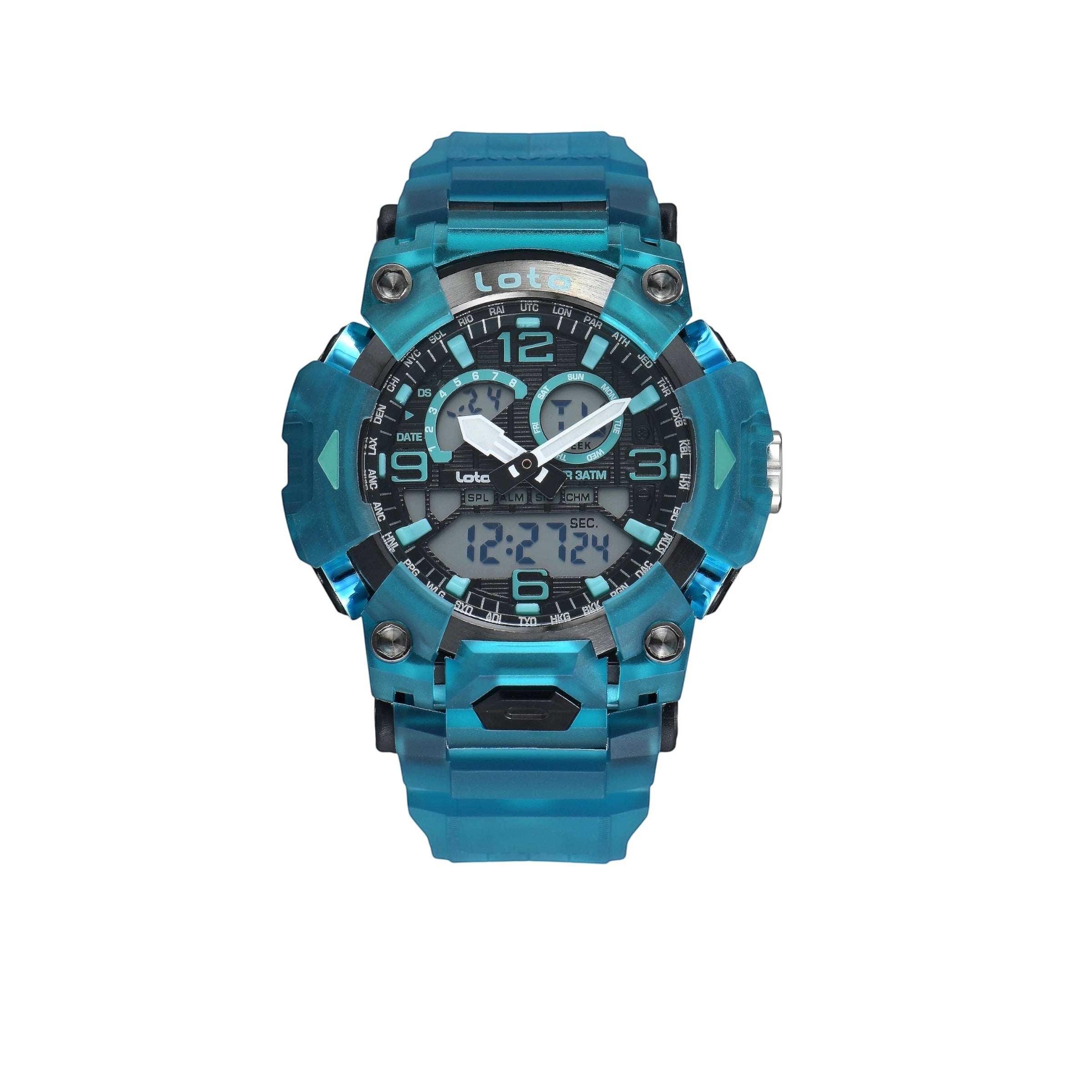 Reloj deportivo LOTO COMPANY DRAKON azul translúcido con pantalla híbrida analógica-digital y correa de resina.