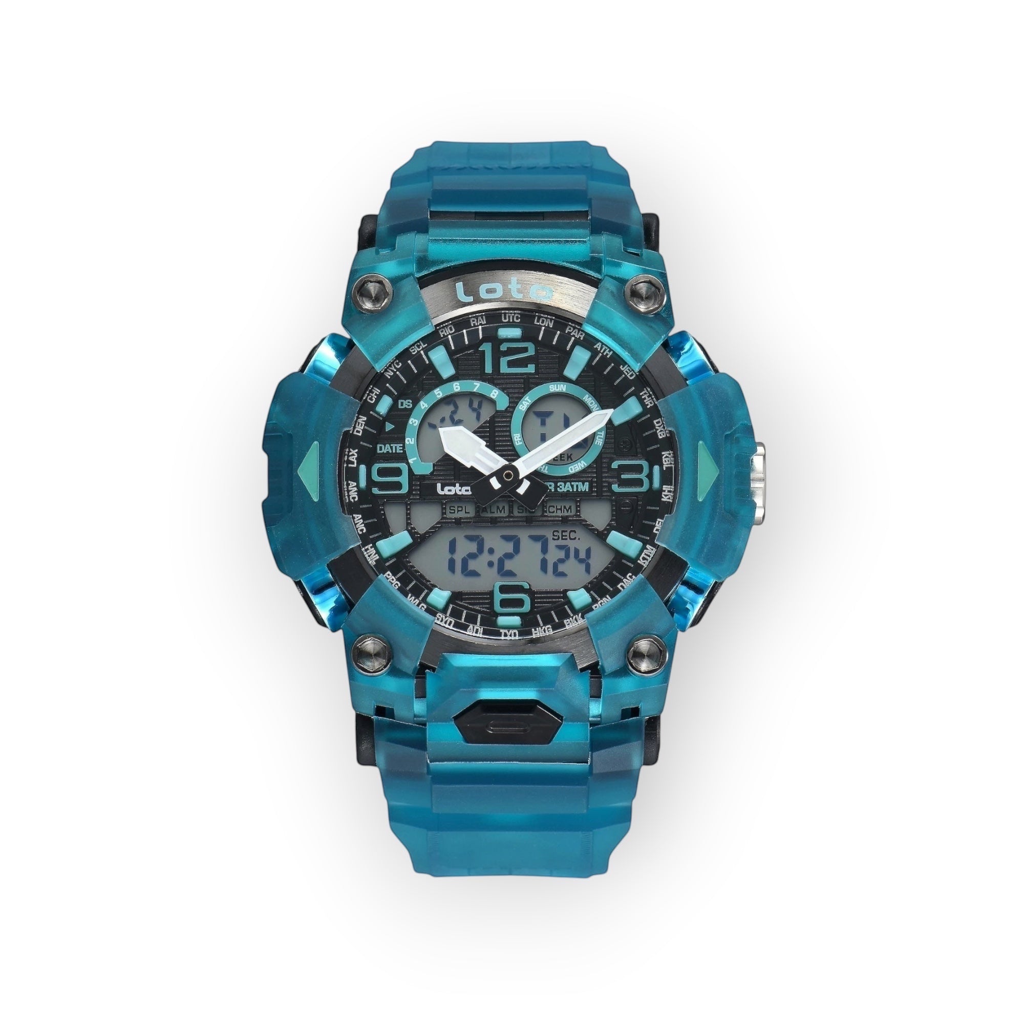 Reloj deportivo LOTO COMPANY DRAKON azul translúcido con pantalla híbrida analógica-digital y correa de resina.