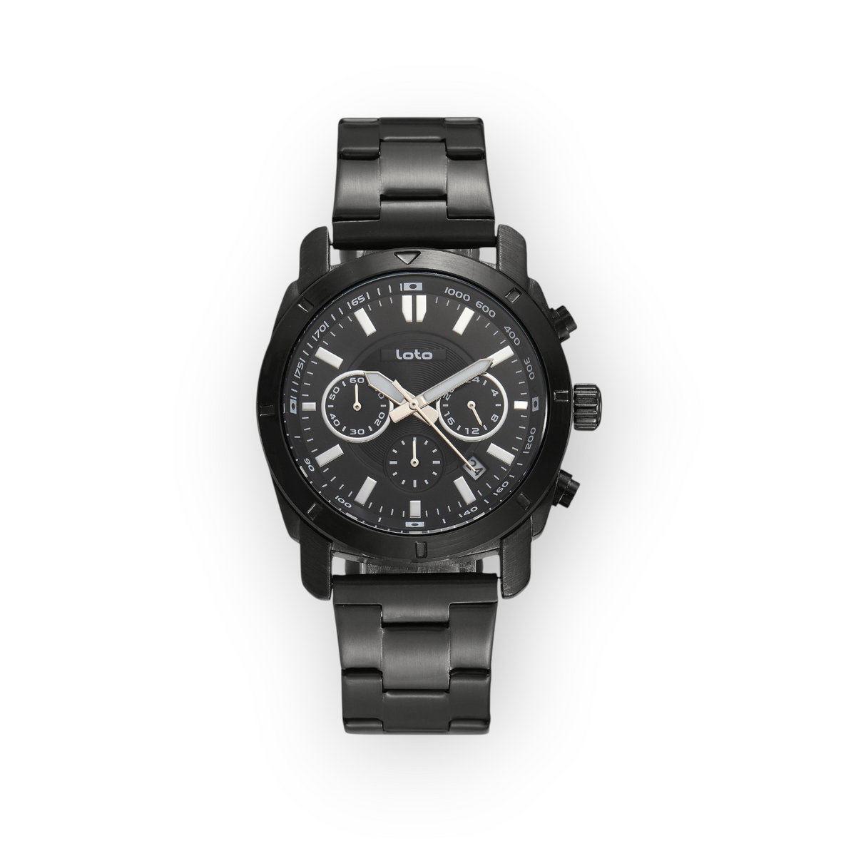 Reloj LOTO COMPANY DREZVAN 2602 de acero inoxidable negro con cronógrafo y esfera detallada