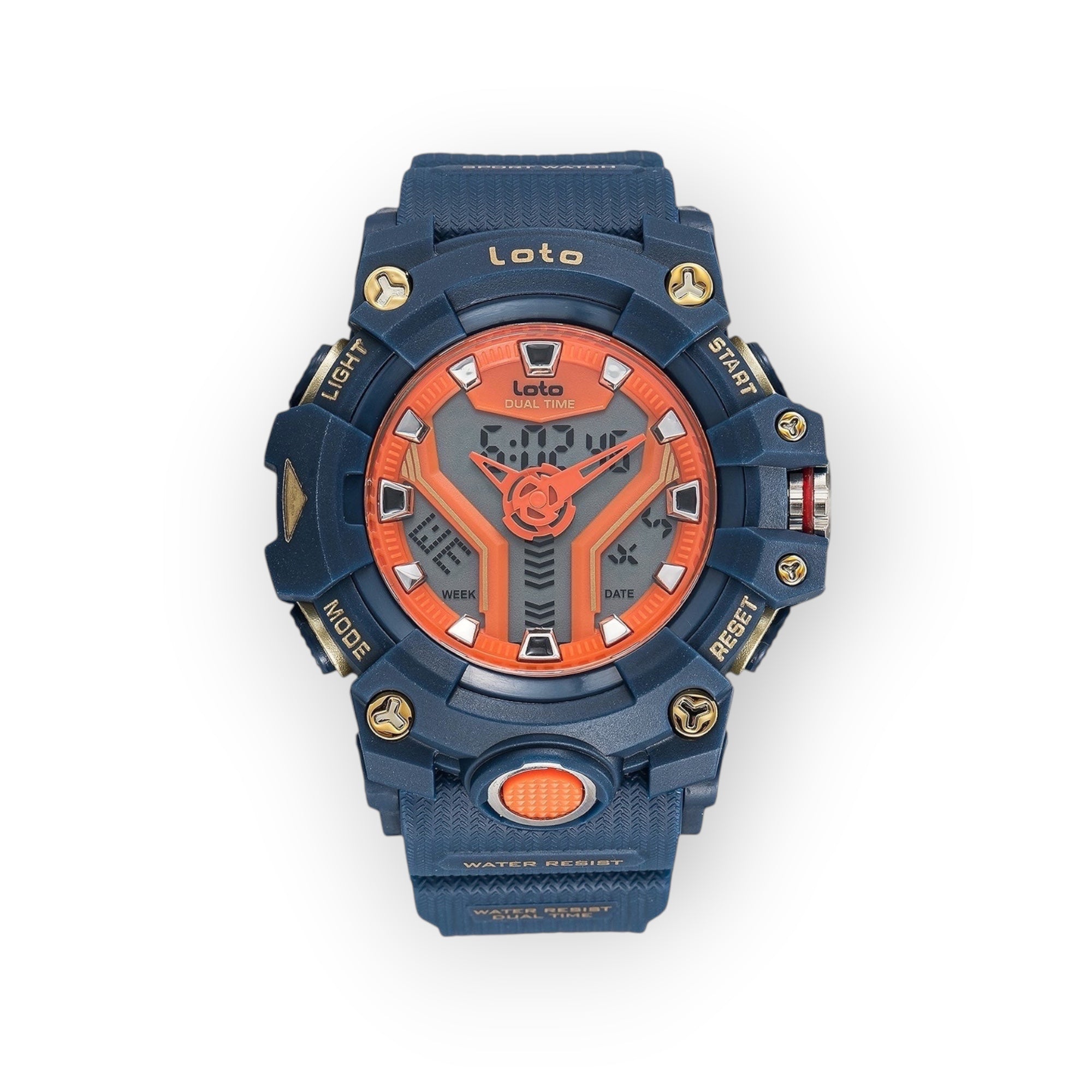 Reloj deportivo LOTO COMPANY DUAL / 2507 azul marino y naranja con esfera analógica y digital, correa de silicona.