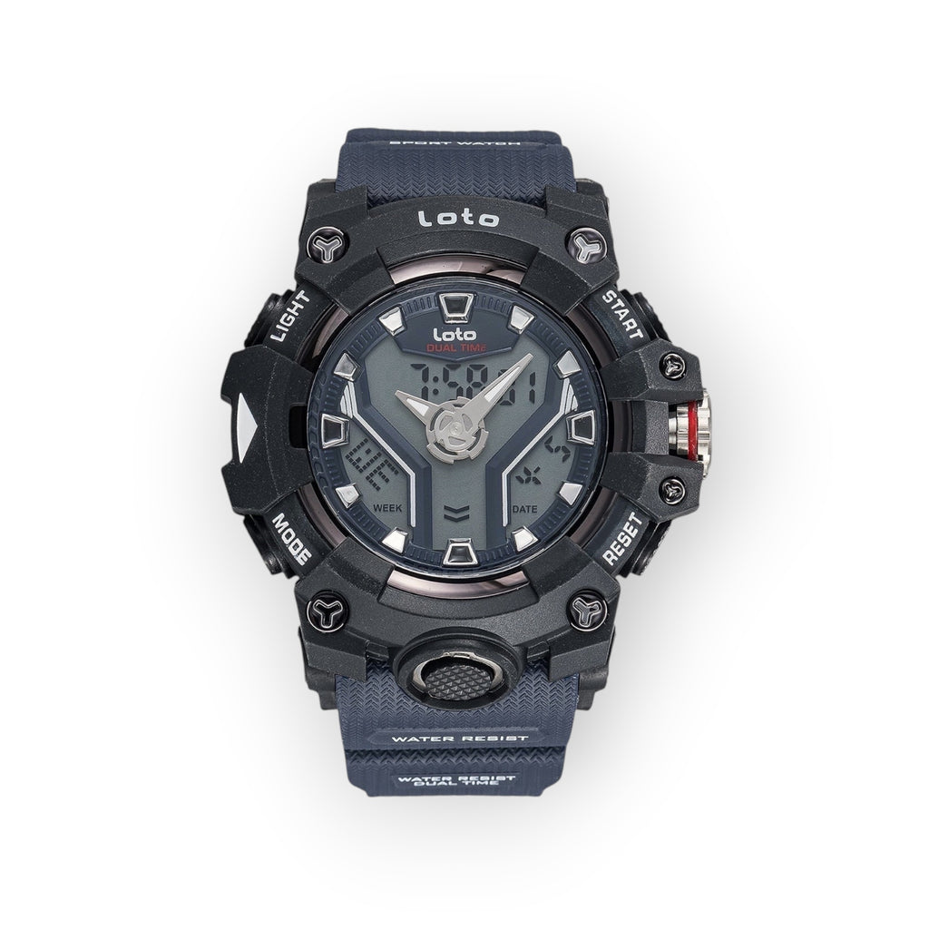 Reloj deportivo LOTO COMPANY DUAL / 2507 con caja de resina negra, correa de silicona azul marino y esfera analógica/digital gris.