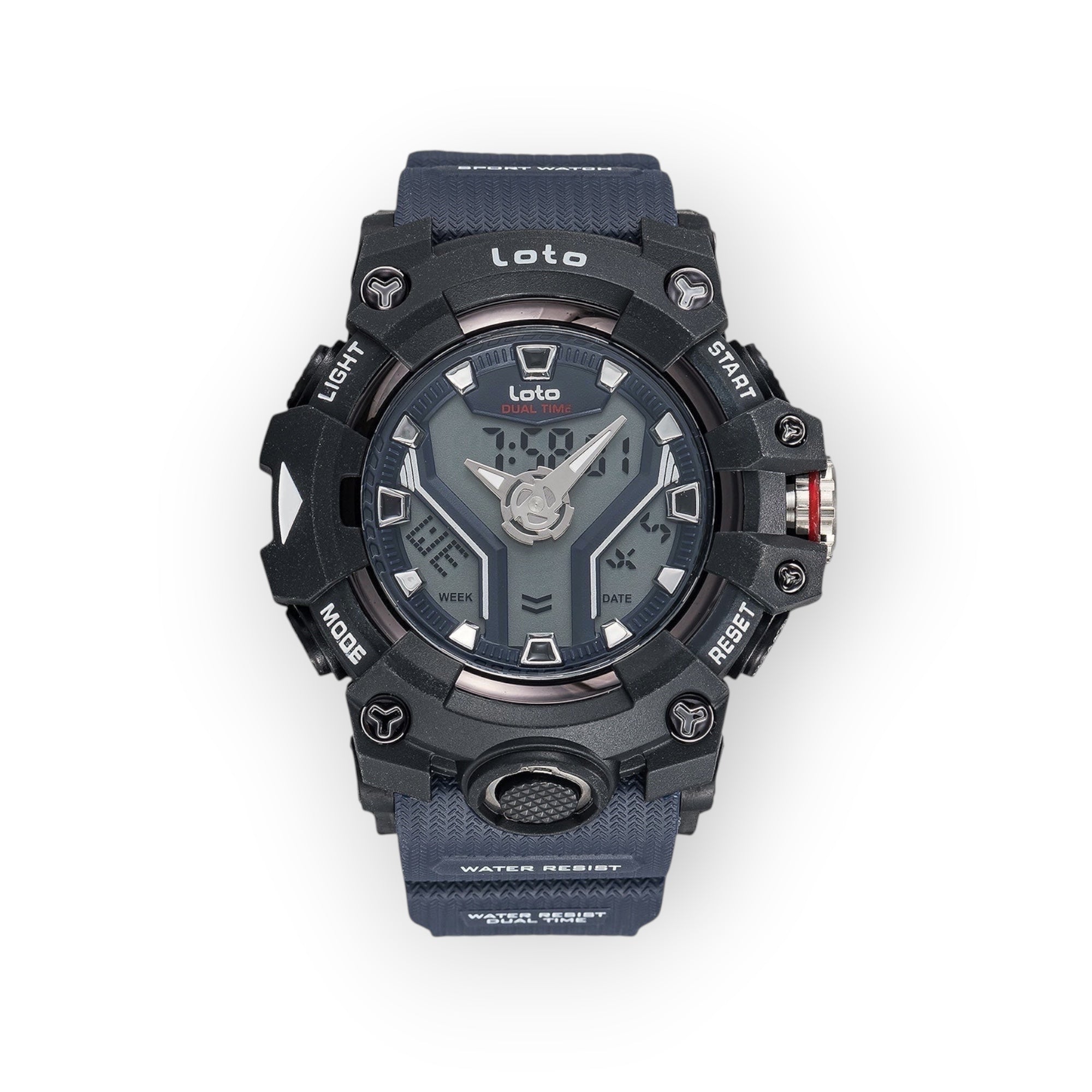 Reloj deportivo LOTO COMPANY DUAL / 2507 con caja de resina negra, correa de silicona azul marino y esfera analógica/digital gris.