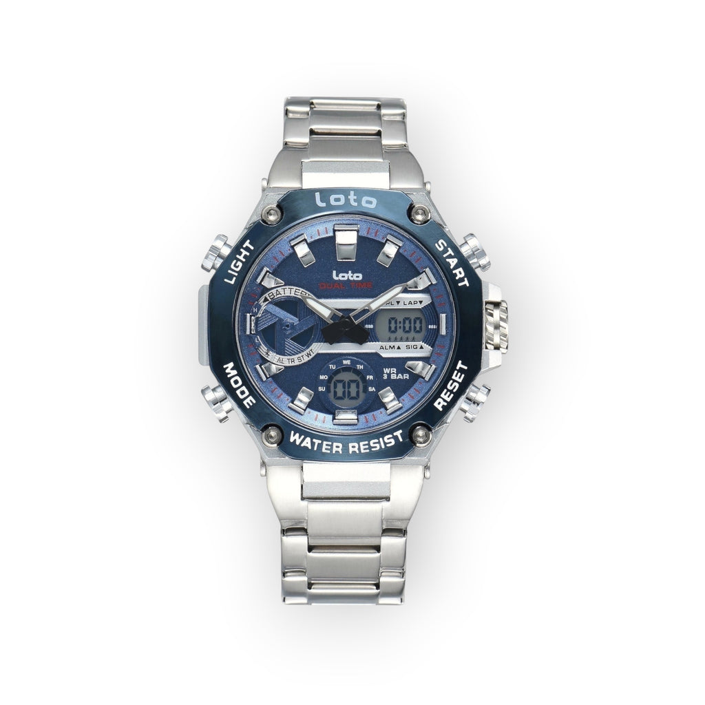 Reloj Loto Dual Time de acero inoxidable con esfera azul, pantalla analógica y digital, resistencia al agua 3 BAR.