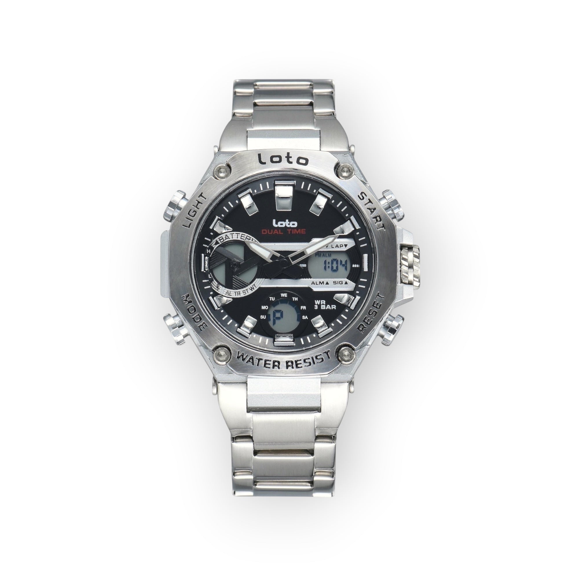 Reloj Loto Dual Time de acero inoxidable plateado con esfera negra, pantalla digital y analógica, resistencia al agua 3 BAR.