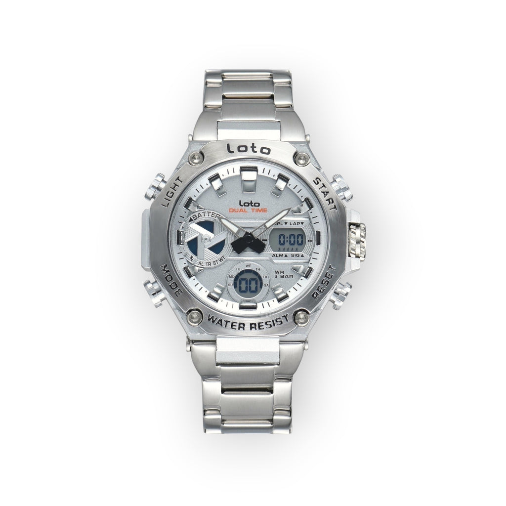 Reloj Loto Dual Time de acero inoxidable plateado con esfera plateada, pantalla analógica y digital, resistencia al agua 3 BAR.