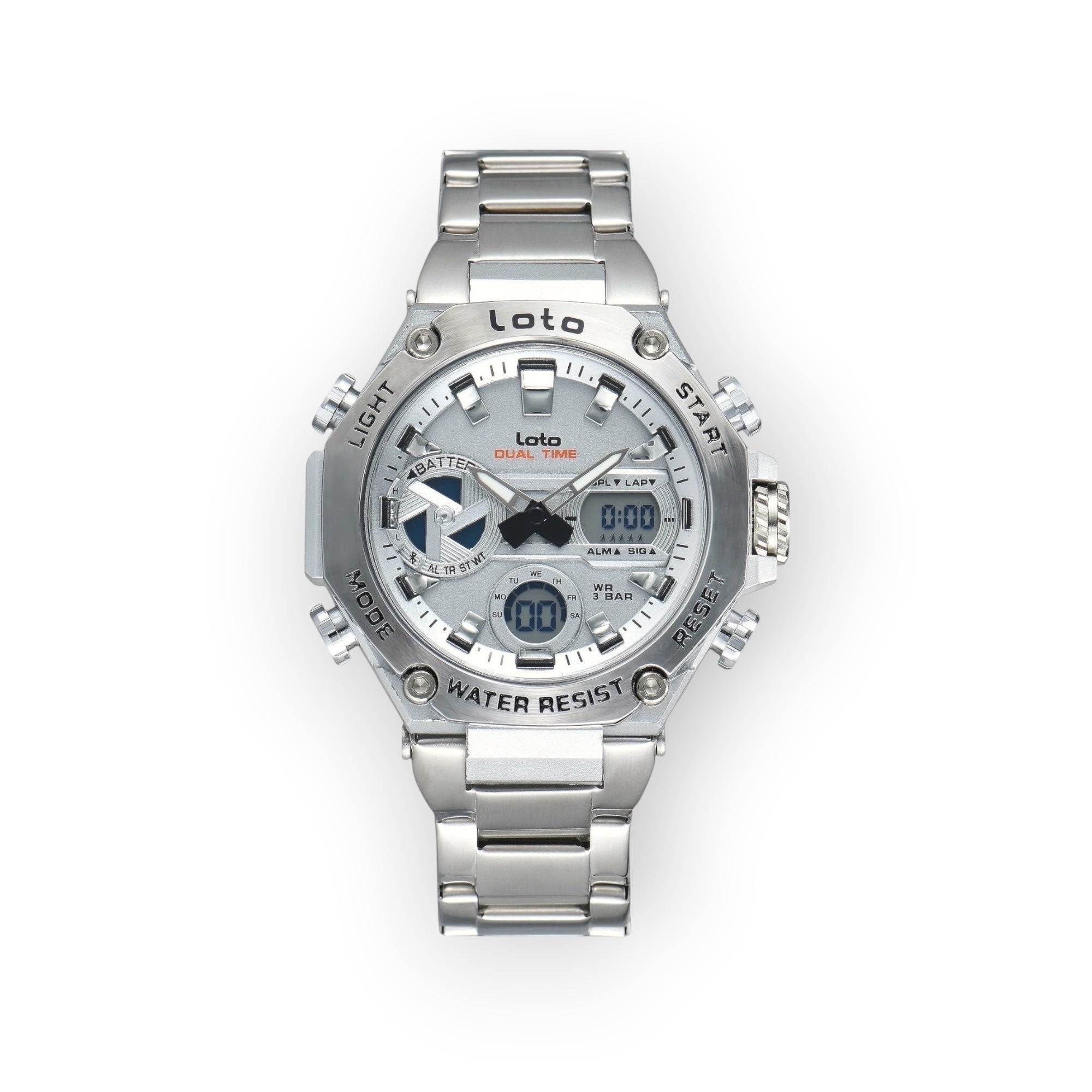 Reloj Loto Dual Time de acero inoxidable plateado con esfera plateada, pantalla analógica y digital, resistencia al agua 3 BAR.
