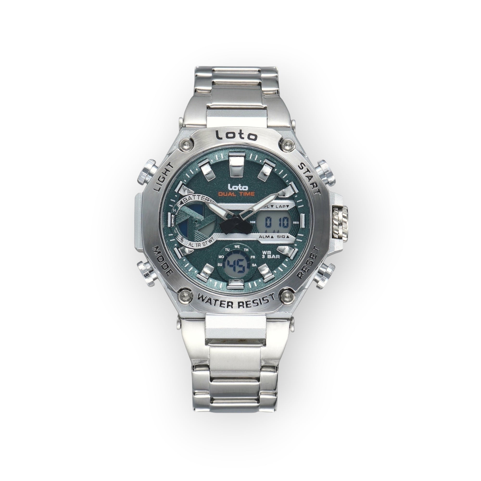 Reloj Loto Dual Time de acero inoxidable con esfera verde, pantalla analógica y digital, resistencia al agua 3 BAR.
