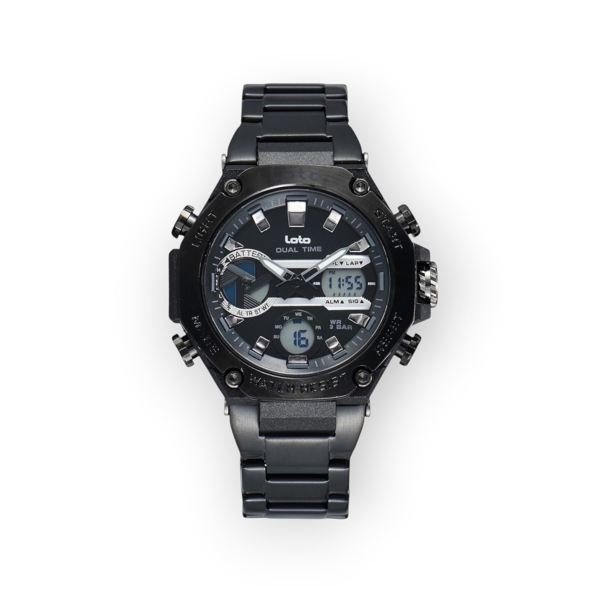 Reloj LOTO COMPANY Dual Time negro de acero inoxidable con pantalla analógica y digital, alarma y cronómetro.