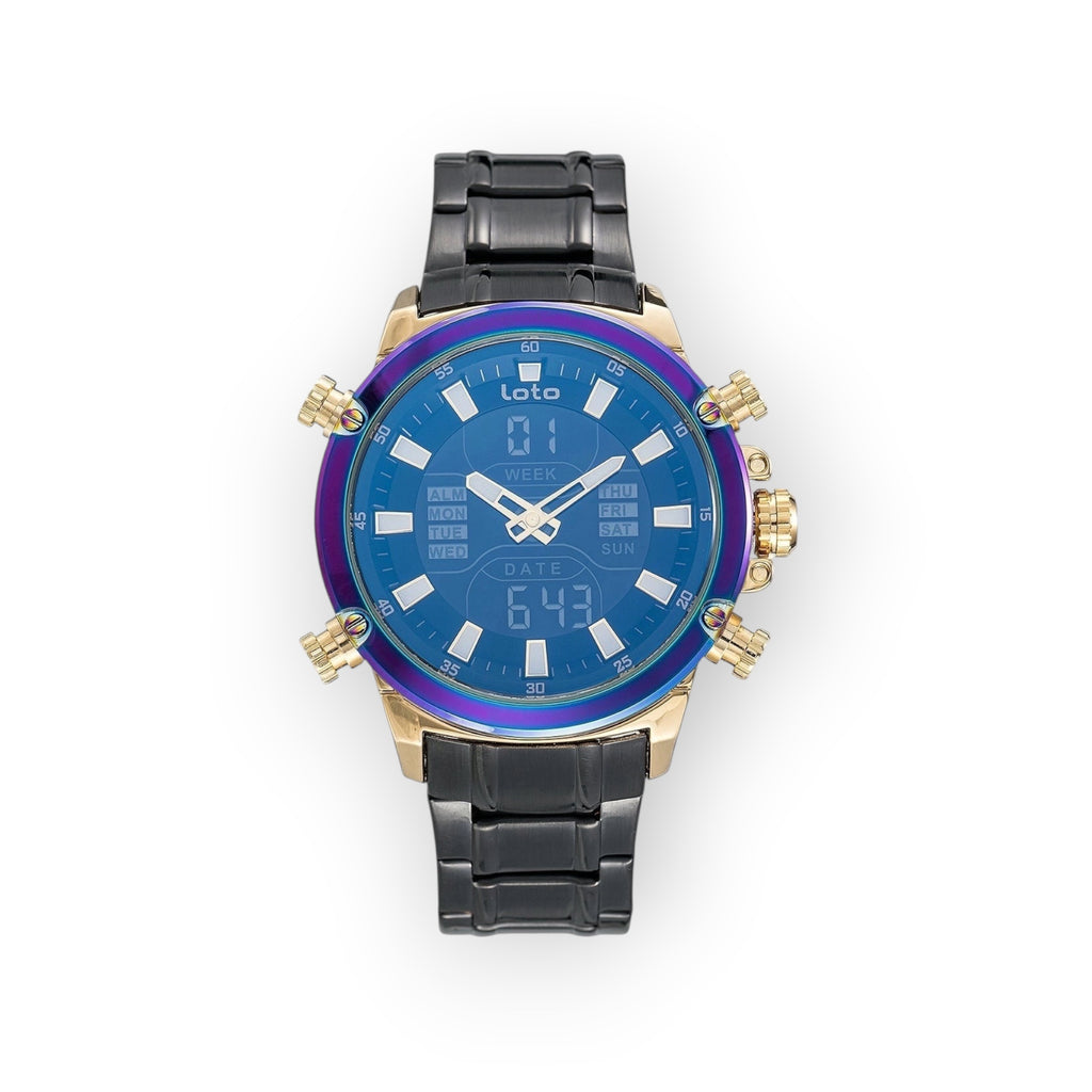 Reloj LOTO COMPANY ECLIPSE / 2406 analógico-digital con esfera azul iridiscente, caja dorada y correa de metal negra.