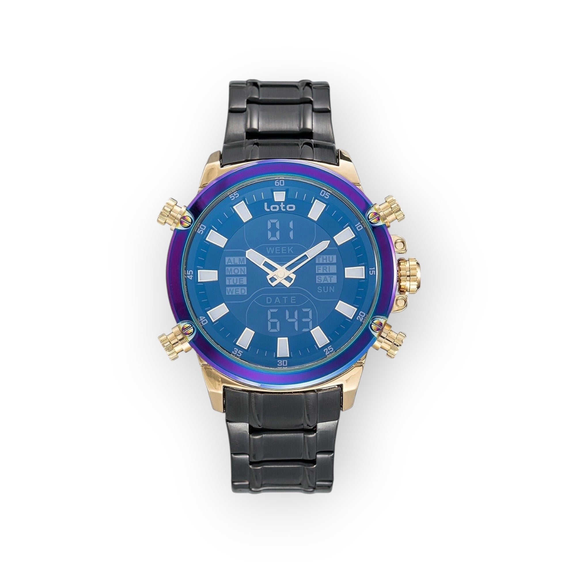 Reloj LOTO COMPANY ECLIPSE / 2406 analógico-digital con esfera azul iridiscente, caja dorada y correa de metal negra.
