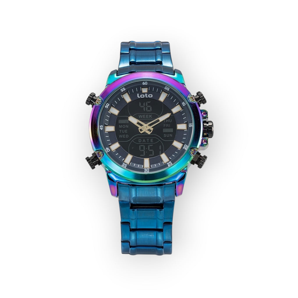Reloj LOTO COMPANY ECLIPSE / 2406 analógico-digital con esfera multifunción y correa de metal azul iridiscente.