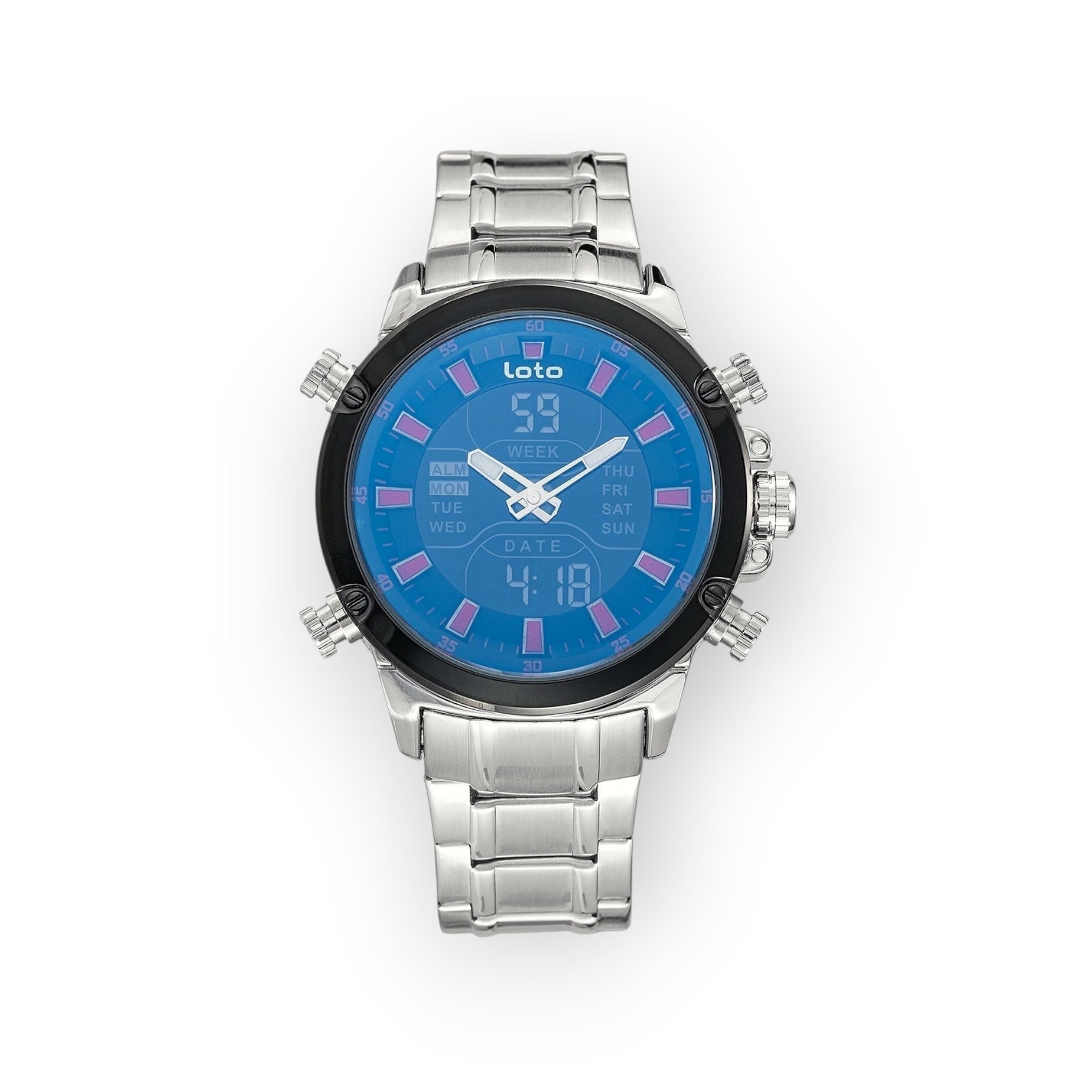 Reloj LOTO COMPANY ECLIPSE / 2406 analógico-digital con esfera azul, correa de metal plateado y detalles deportivos.
