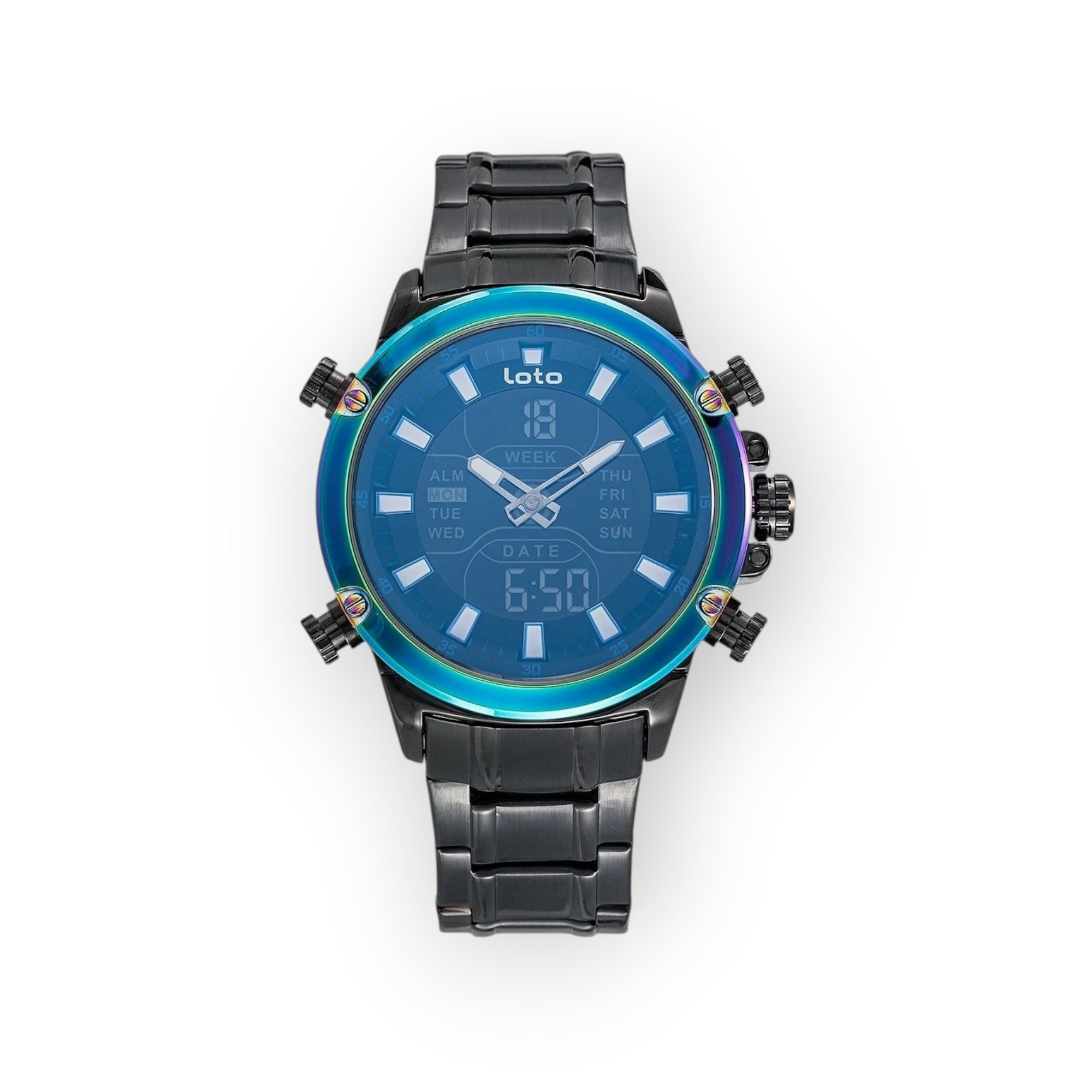Reloj LOTO COMPANY ECLIPSE / 2406 deportivo multifunción analógico-digital con esfera azul iridiscente y correa de metal negra.