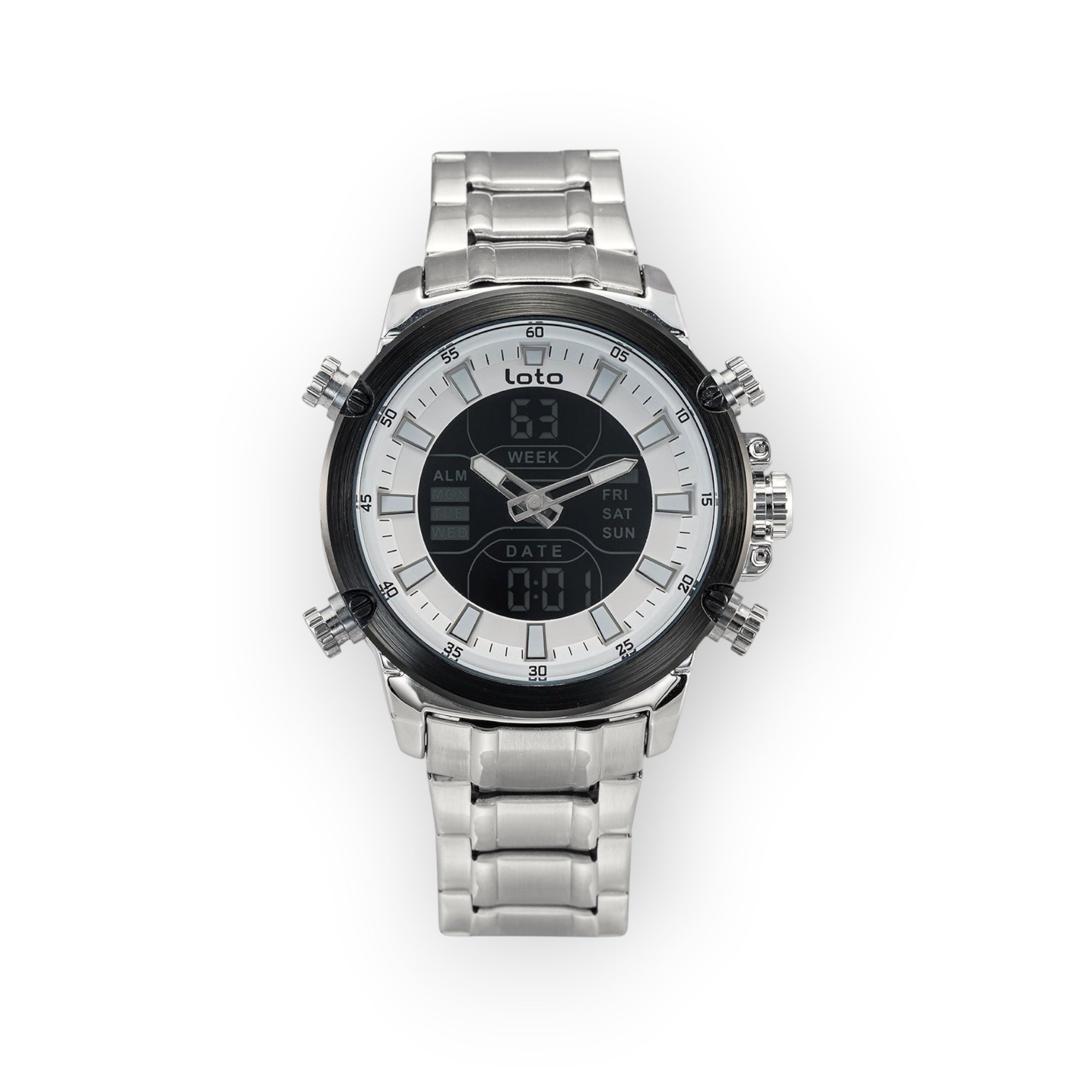 Reloj LOTO COMPANY ECLIPSE / 2406 analógico-digital con correa de metal plateada y esfera multifunción negra.