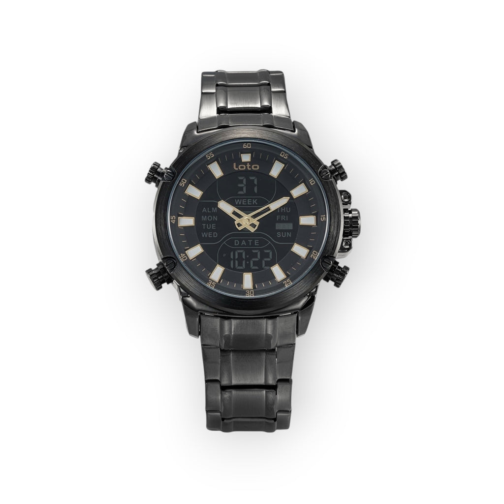 Reloj LOTO COMPANY ECLIPSE / 2406 analógico-digital negro con esfera multifunción y correa de metal.