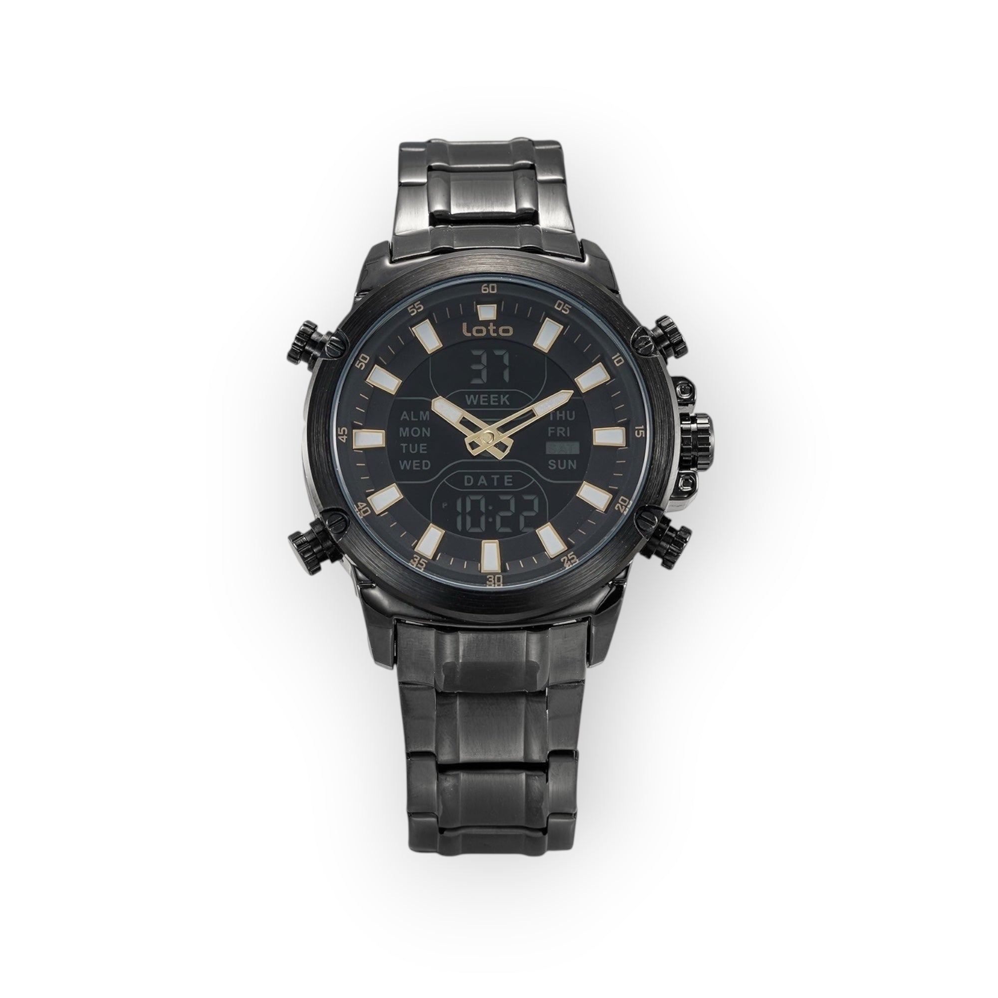 Reloj LOTO COMPANY ECLIPSE / 2406 analógico-digital negro con esfera multifunción y correa de metal.