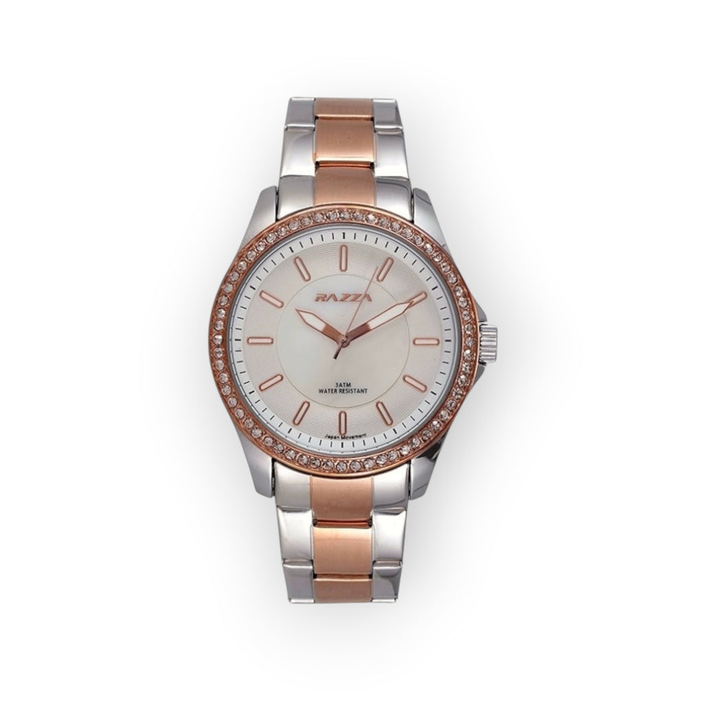 Reloj LOTO COMPANY ELEGANCE / 31013 bicolor de acero inoxidable con bisel de cristales y esfera blanca.
