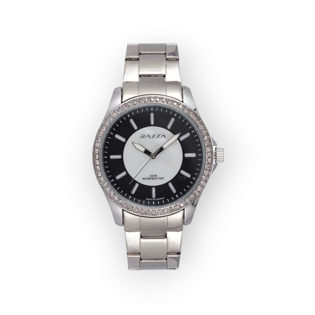 Reloj LOTO COMPANY ELEGANCE / 31013 plateado de acero inoxidable con bisel de cristales y esfera negra y blanca.