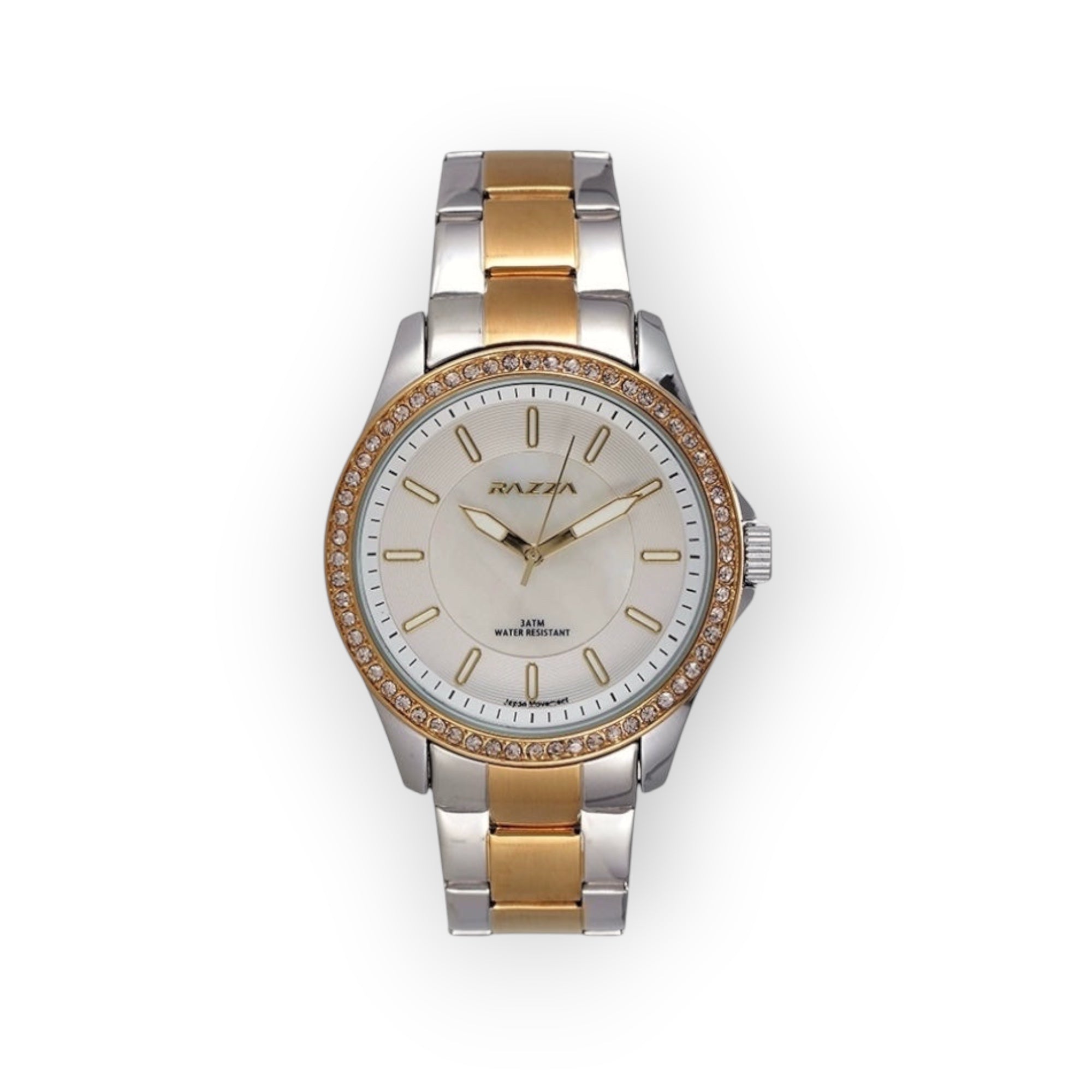 Reloj LOTO COMPANY ELEGANCE bicolor de acero inoxidable con bisel de cristales y esfera blanca.