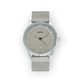 Reloj LOTO COMPANY ELEGANCE / 2529 con esfera gris pálido, caja de acero inoxidable y correa de malla plateada. Diseño minimalista.
