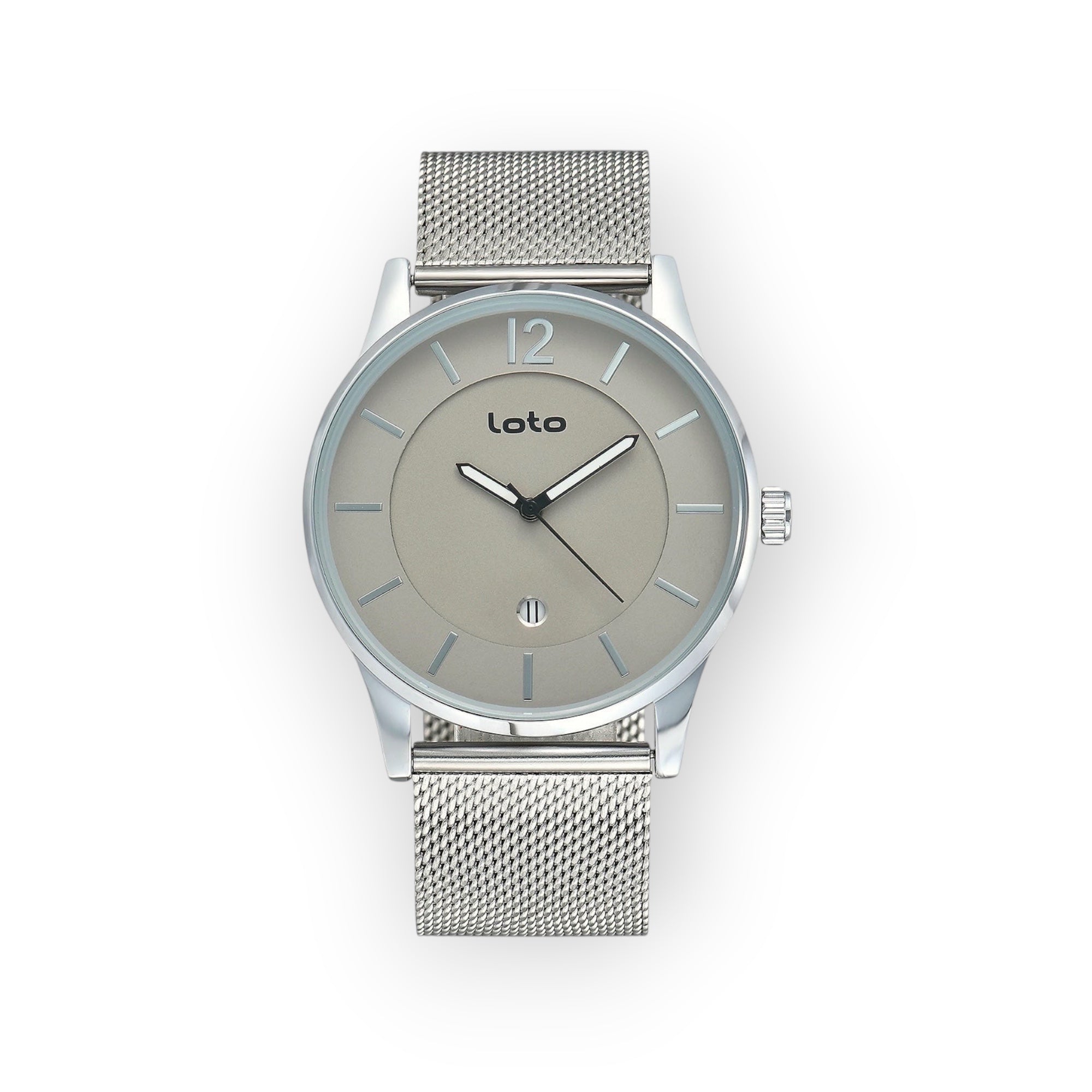 Reloj LOTO COMPANY ELEGANCE / 2529 con esfera gris pálido, caja de acero inoxidable y correa de malla plateada. Diseño minimalista.