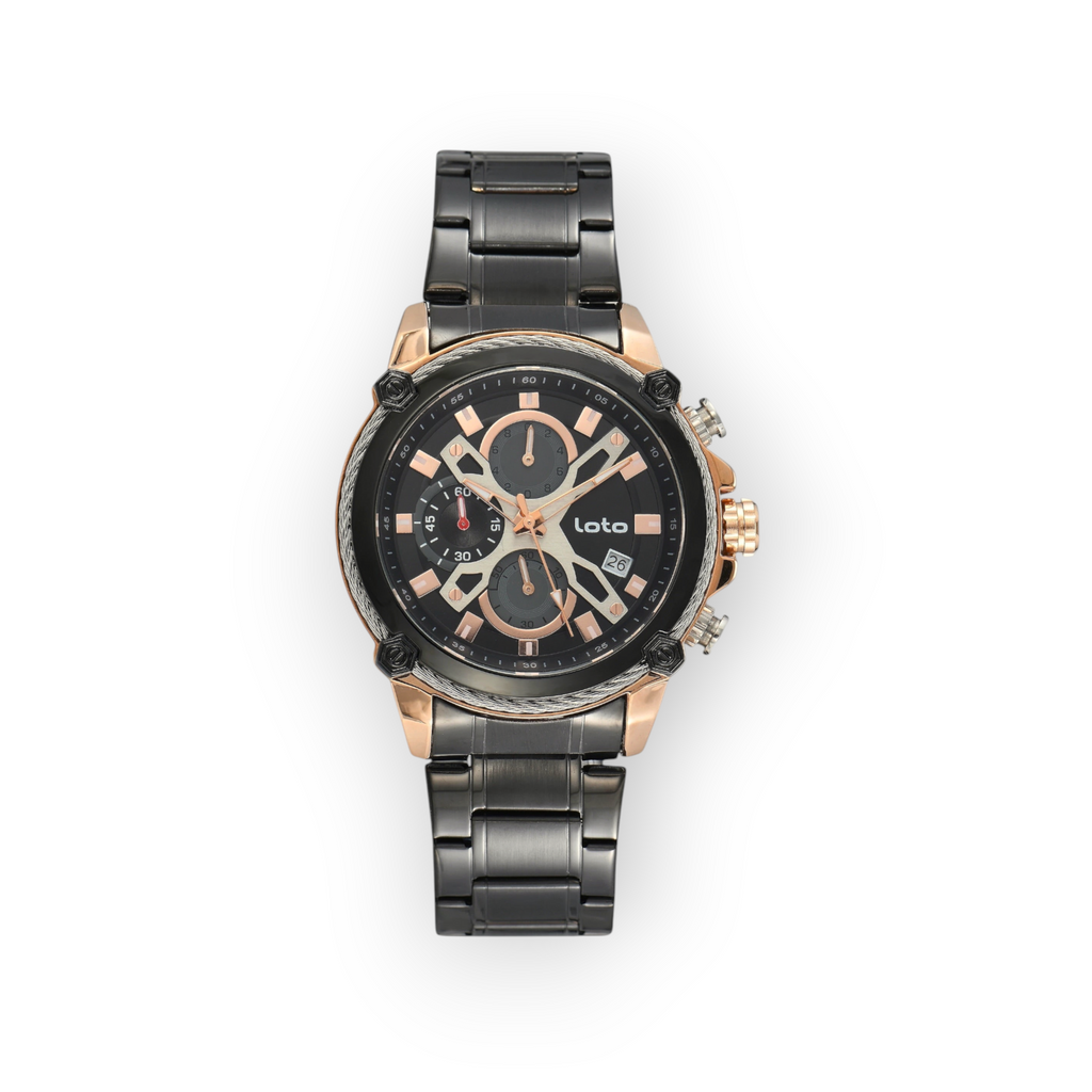 Reloj LOTO COMPANY Elzaro 2587 con correa de acero inoxidable gris oscuro y detalles en tono oro rosa