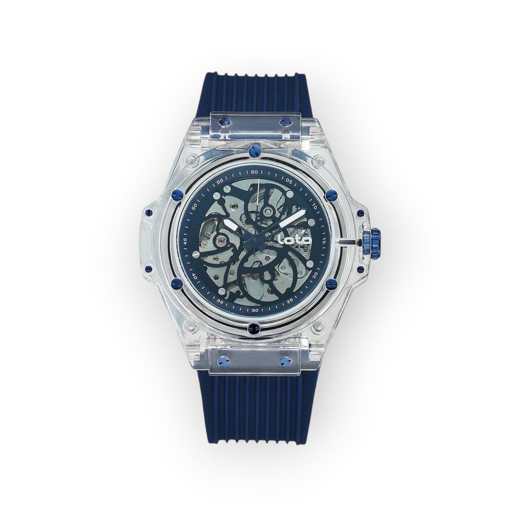 Reloj LOTO COMPANY VELOCE / 2540-1 con caja transparente de policarbonato y correa de silicona azul. Mecanismo expuesto y dial esqueletizado.