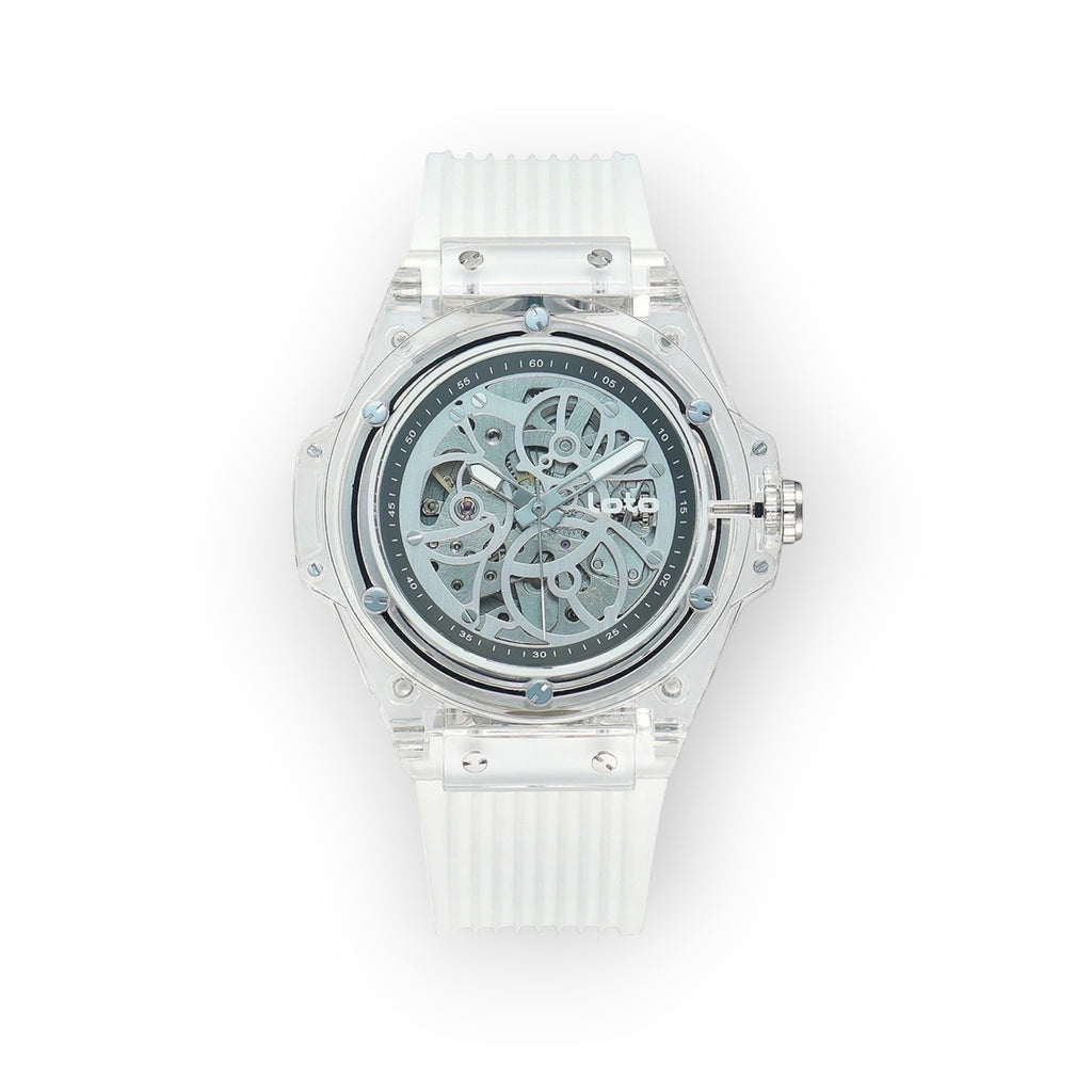 Reloj LOTO COMPANY VELOCE / 2540-1 transparente con correa de silicona blanca y esfera esqueletizada.