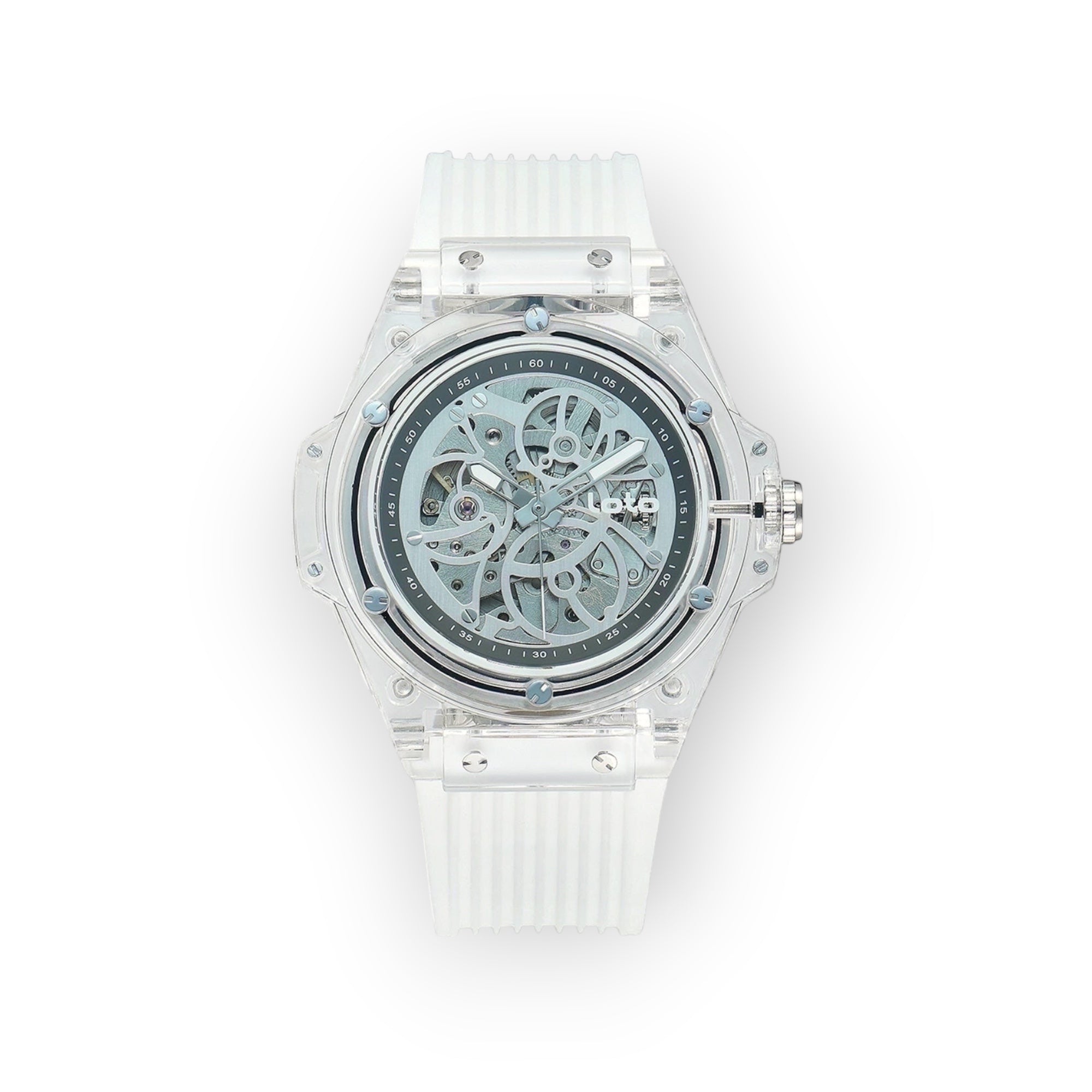 Reloj LOTO COMPANY VELOCE / 2540-1 transparente con correa de silicona blanca y esfera esqueletizada.