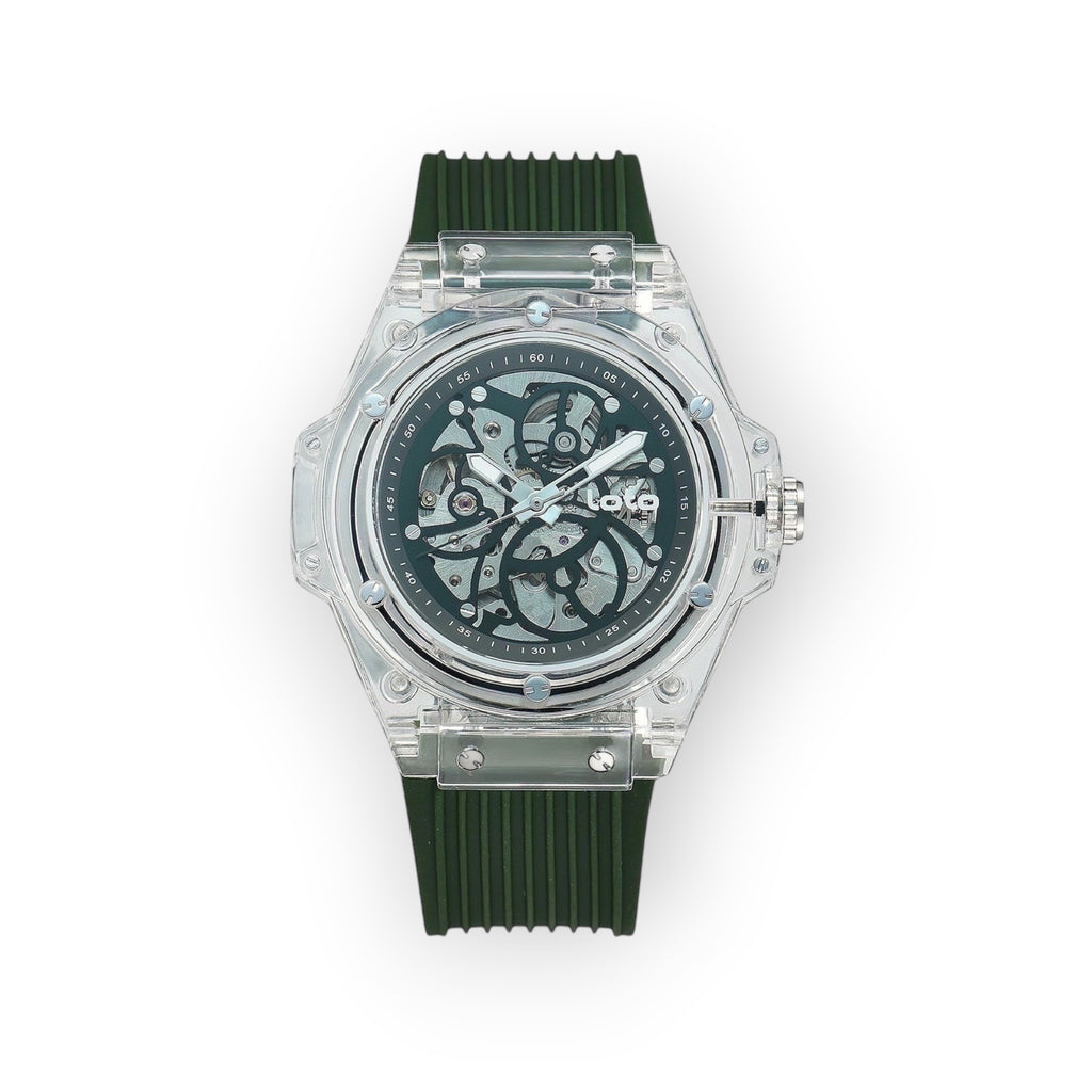 Reloj LOTO COMPANY VELOCE / 2540-1 con caja transparente de policarbonato y correa de silicona verde. Mecanismo expuesto y dial esqueletizado.